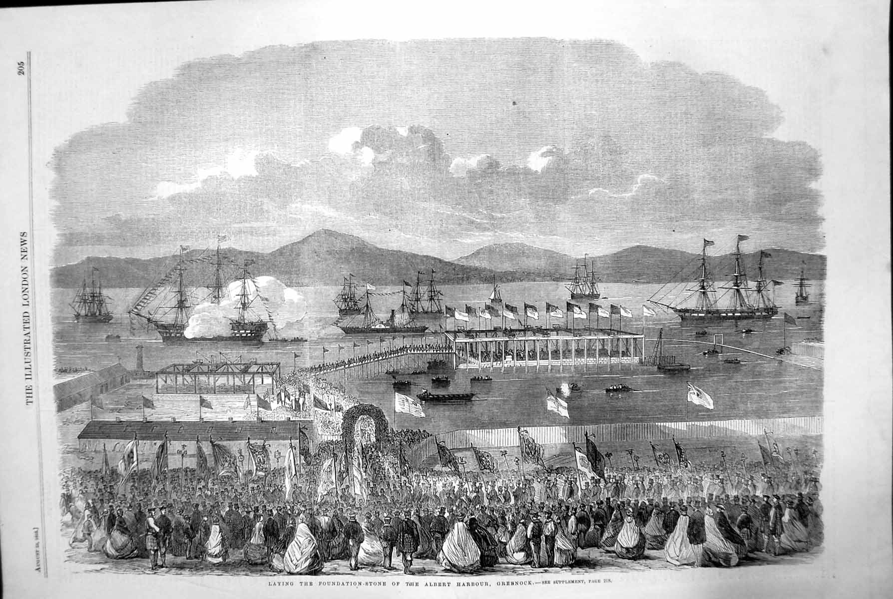 Antique Old Print Laying Foundation Stone Albert Harbour Greenock Ship 1862