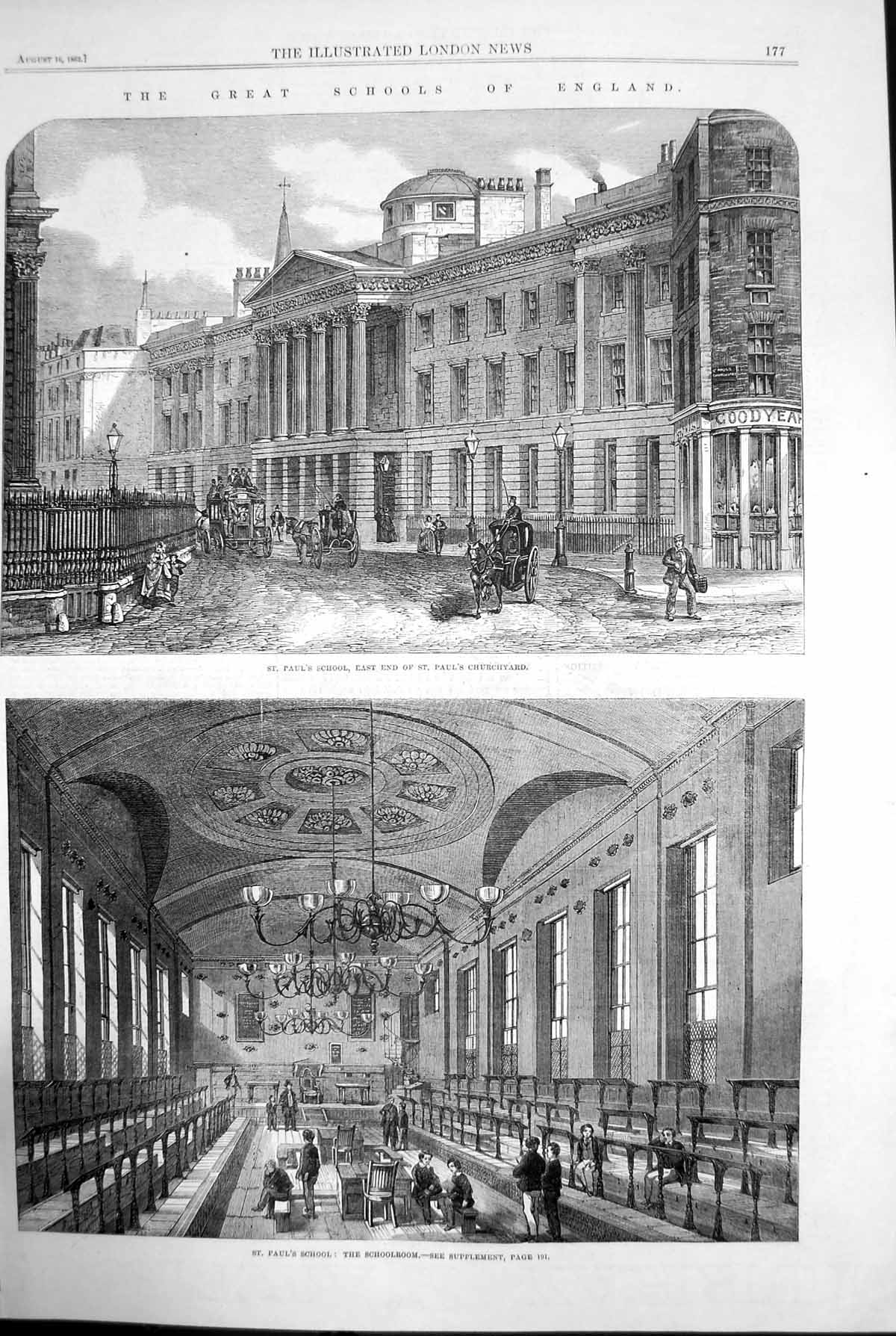 Original Old Antique Print St Pauls School East End Churchyard Schoolroom 1862