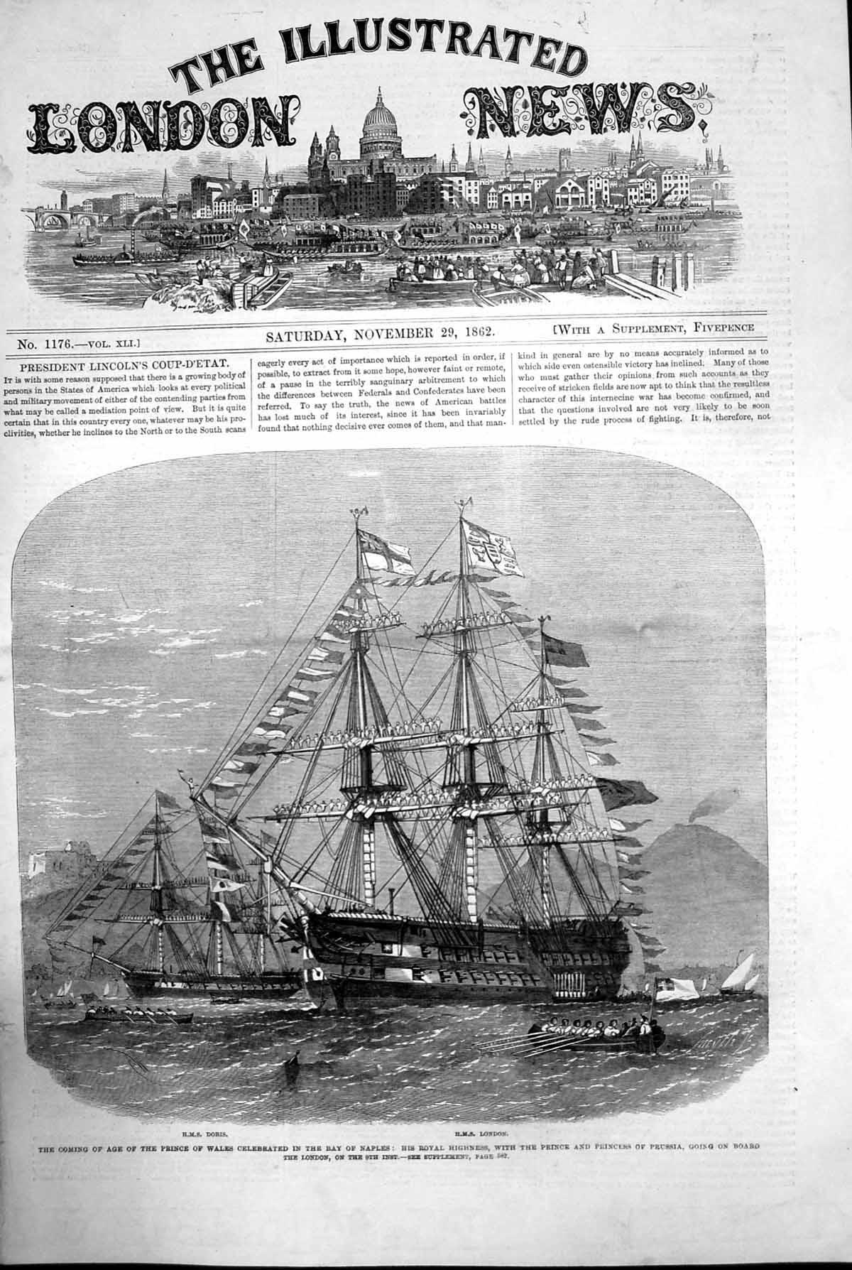 Antique Old Print Prince Wales Bay Naples Prince Princess Prussia Ship 1862