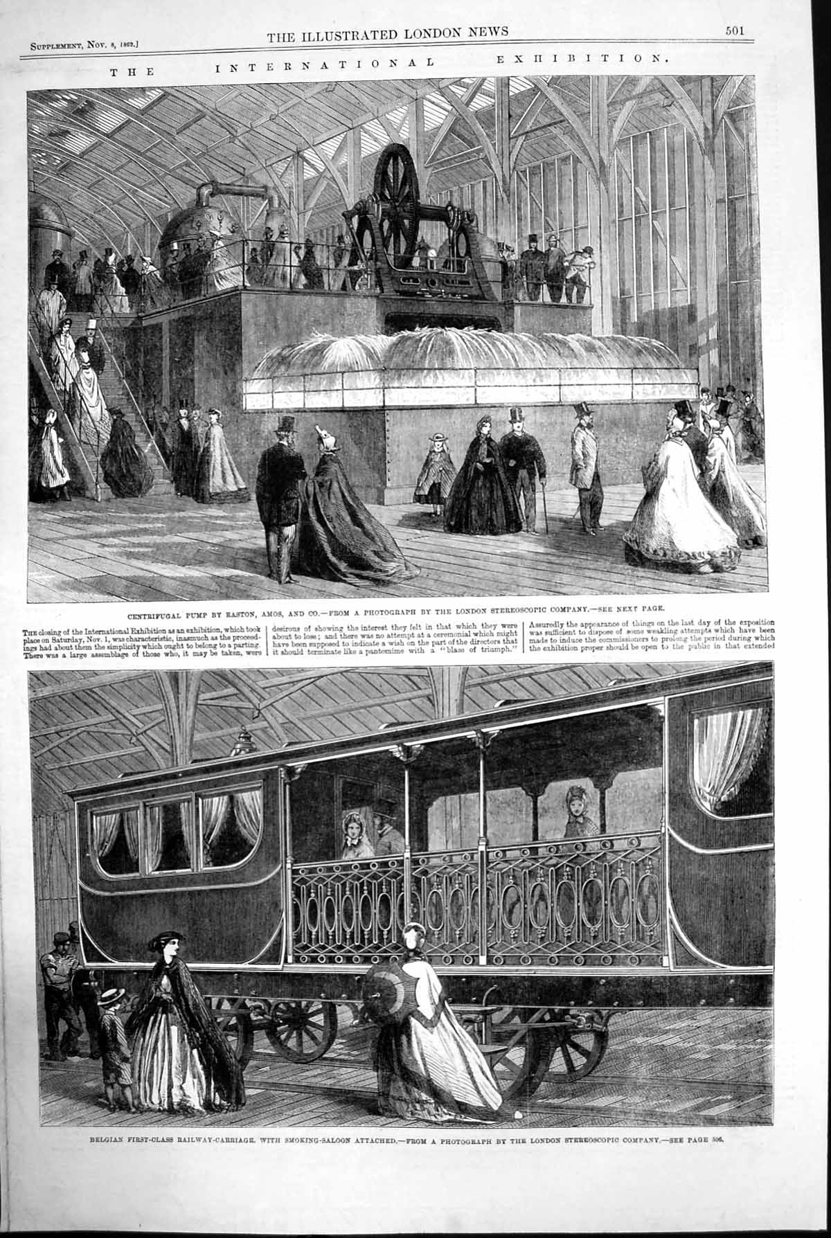 Old Print Centrifugal Pump Easton London Belgian First Class Railway 1862 19th
