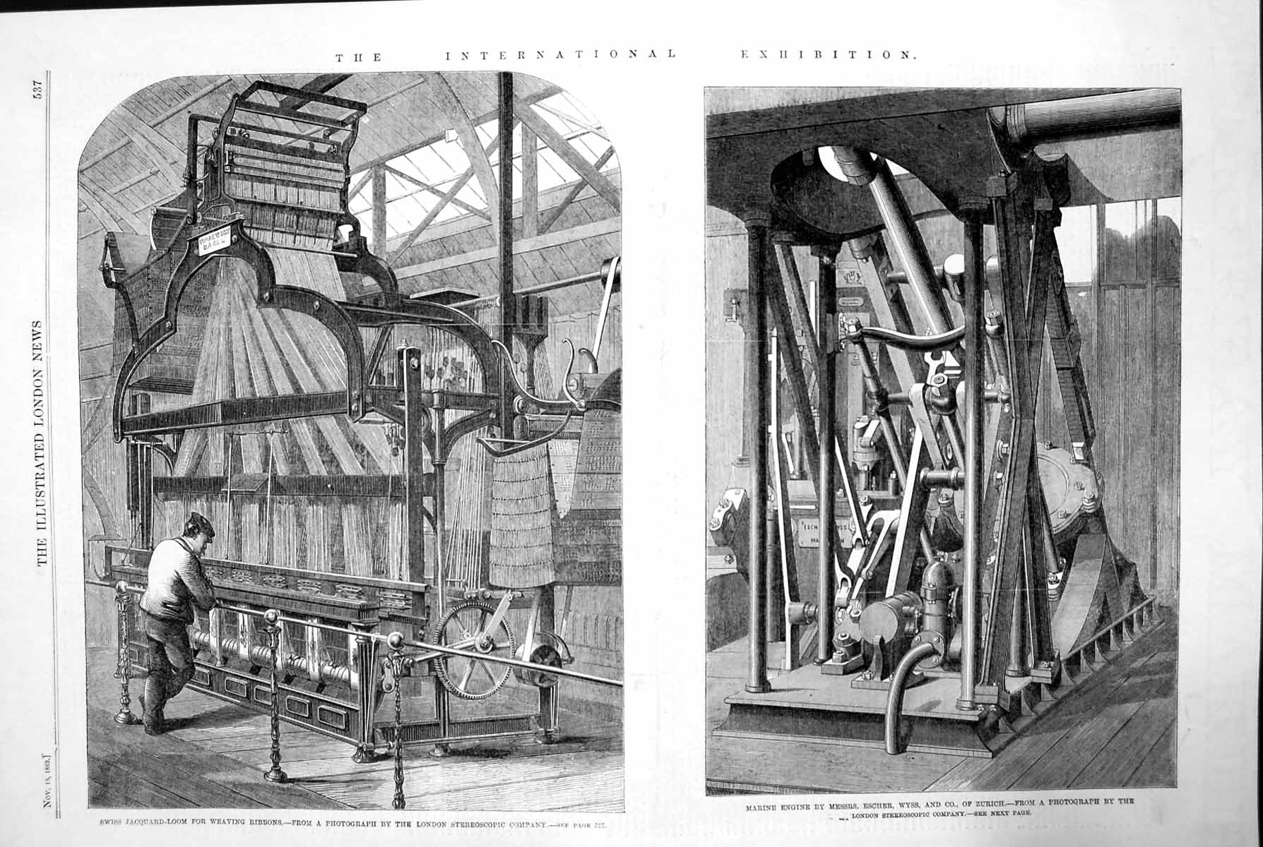Antique Print Swiss Jacquard-Loom Weaving Ribbons Marine Engine Zurich 1862
