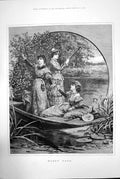 Original Old Antique Print Happy Days Davidson Knowles Boat Women Lake 1881