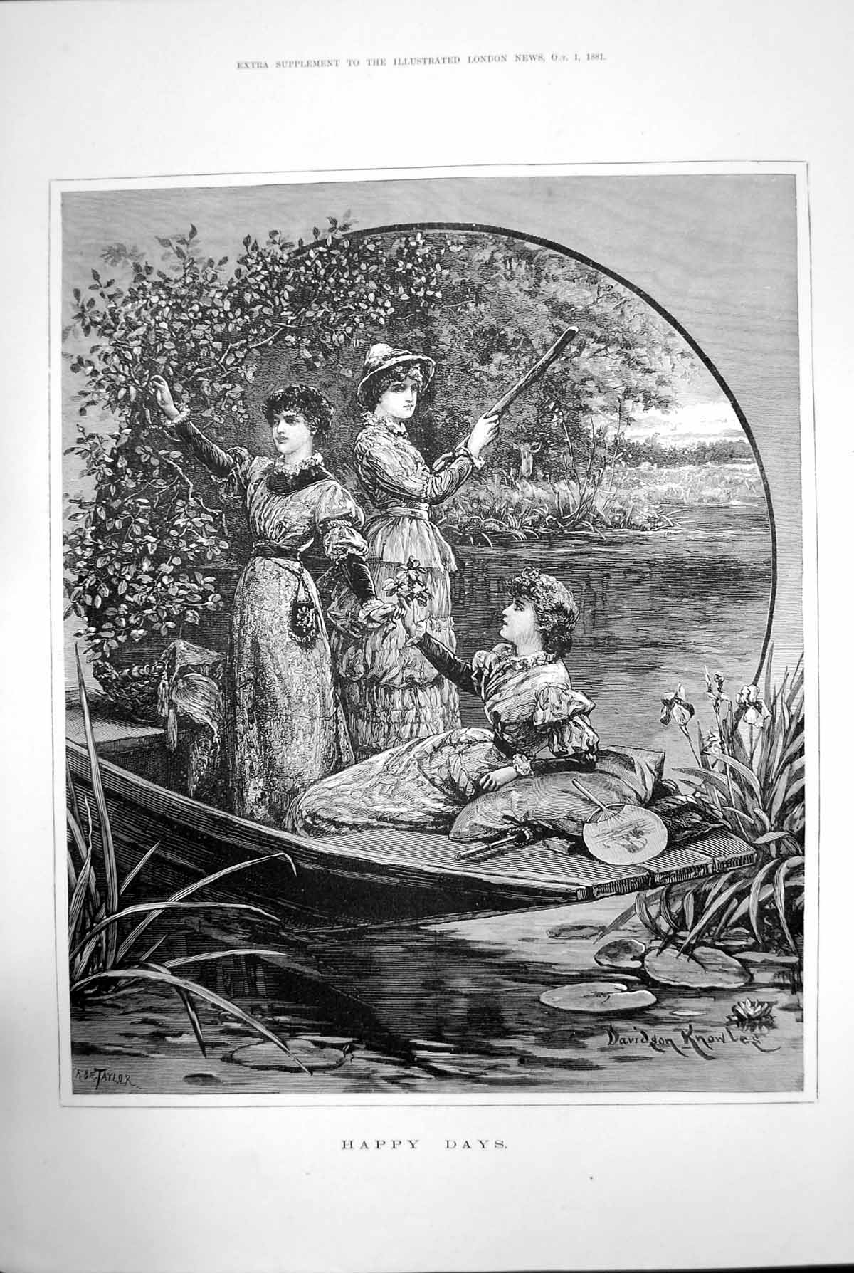 Original Old Antique Print Happy Days Davidson Knowles Boat Women Lake 1881