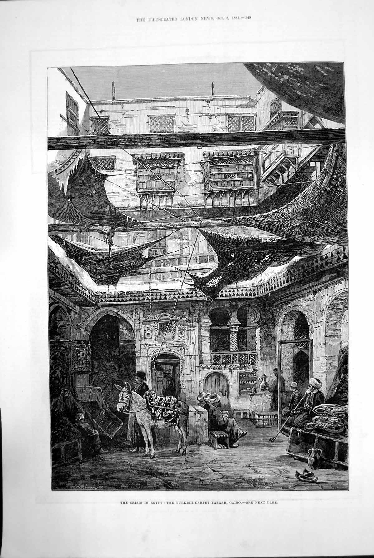 Original Old Antique Print Crisis In Egypt Turkish Carpet Bazaar Cairo 1881