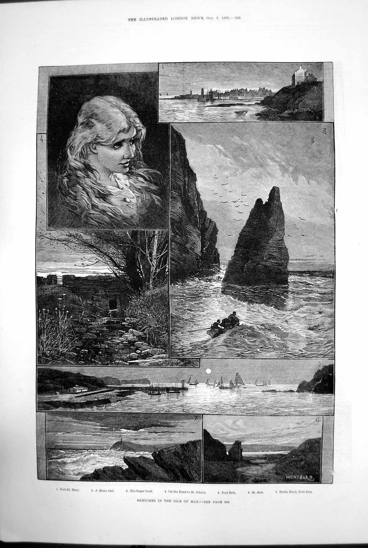 Antique Print Sketches The Isle Man Portrait Cliff Boat Sea Bay Waves 1881 19th