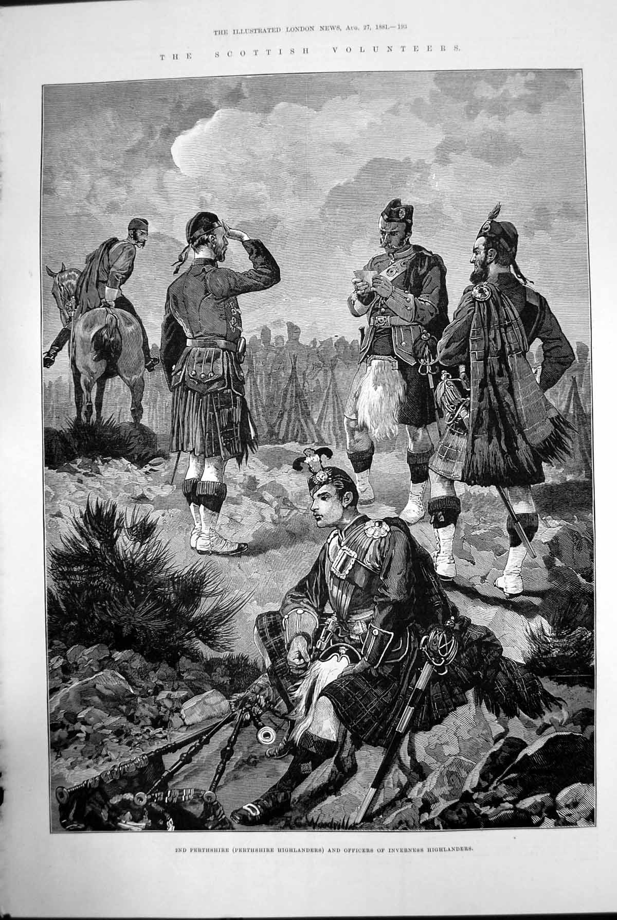 Antique Print 2Nd Perthshire Highlanders Officers Inverness Kilt Horse 1881