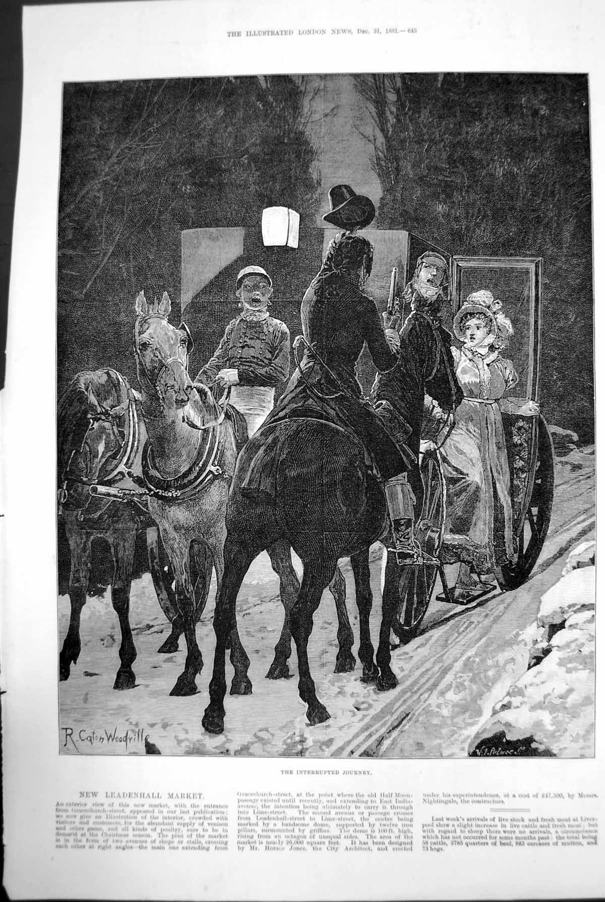Old Antique Print The Interrupted Journey Horse Carriage Gun Robbery 1881 19th