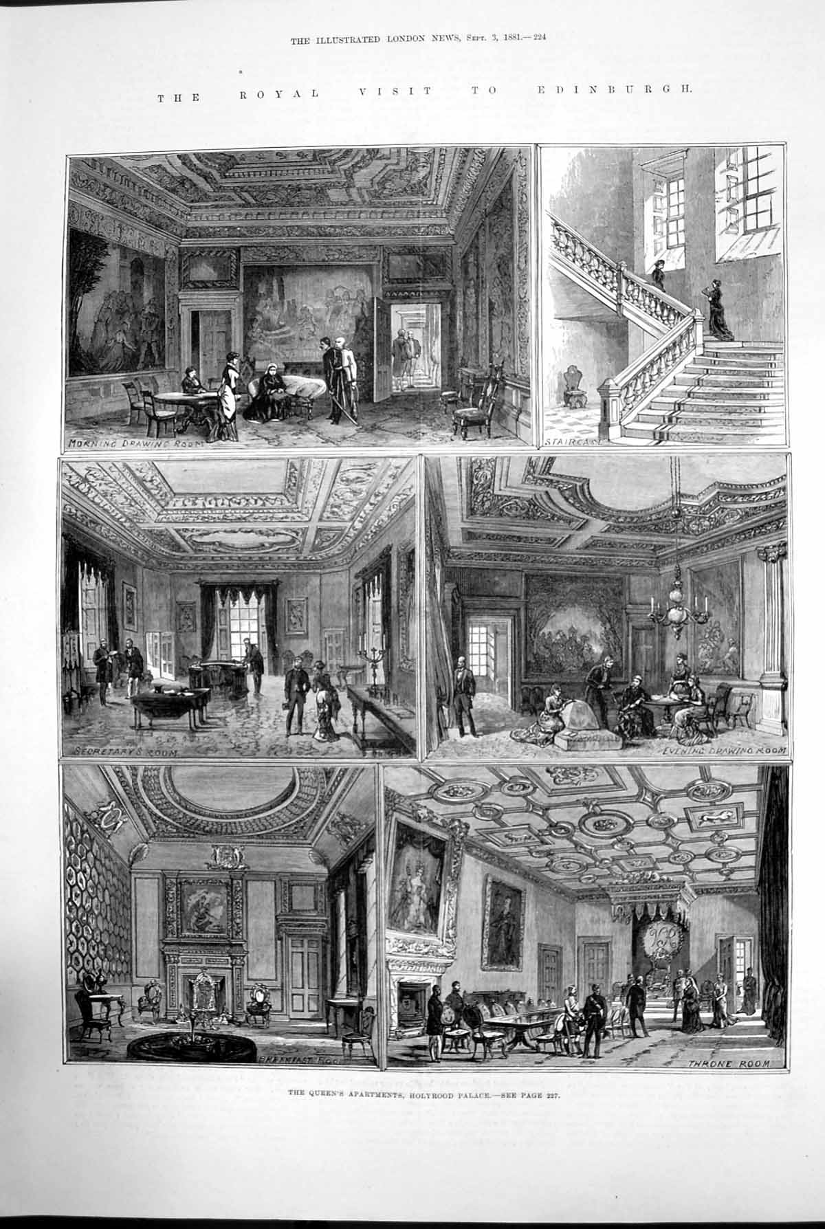 Antique Old Print The Queens Apartments Holyrood Palace Rooms Staircase 1881