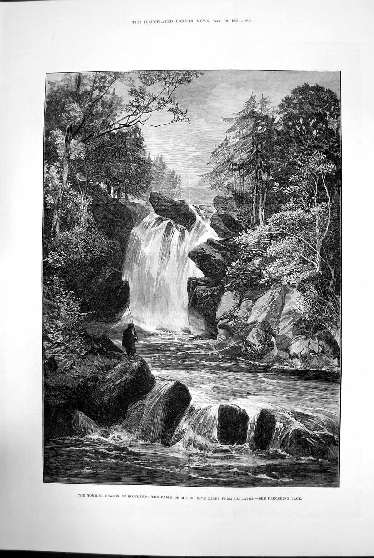 Antique Print Tourist Season In Scotland Falls Muick Ballater Fishing 1881 19th
