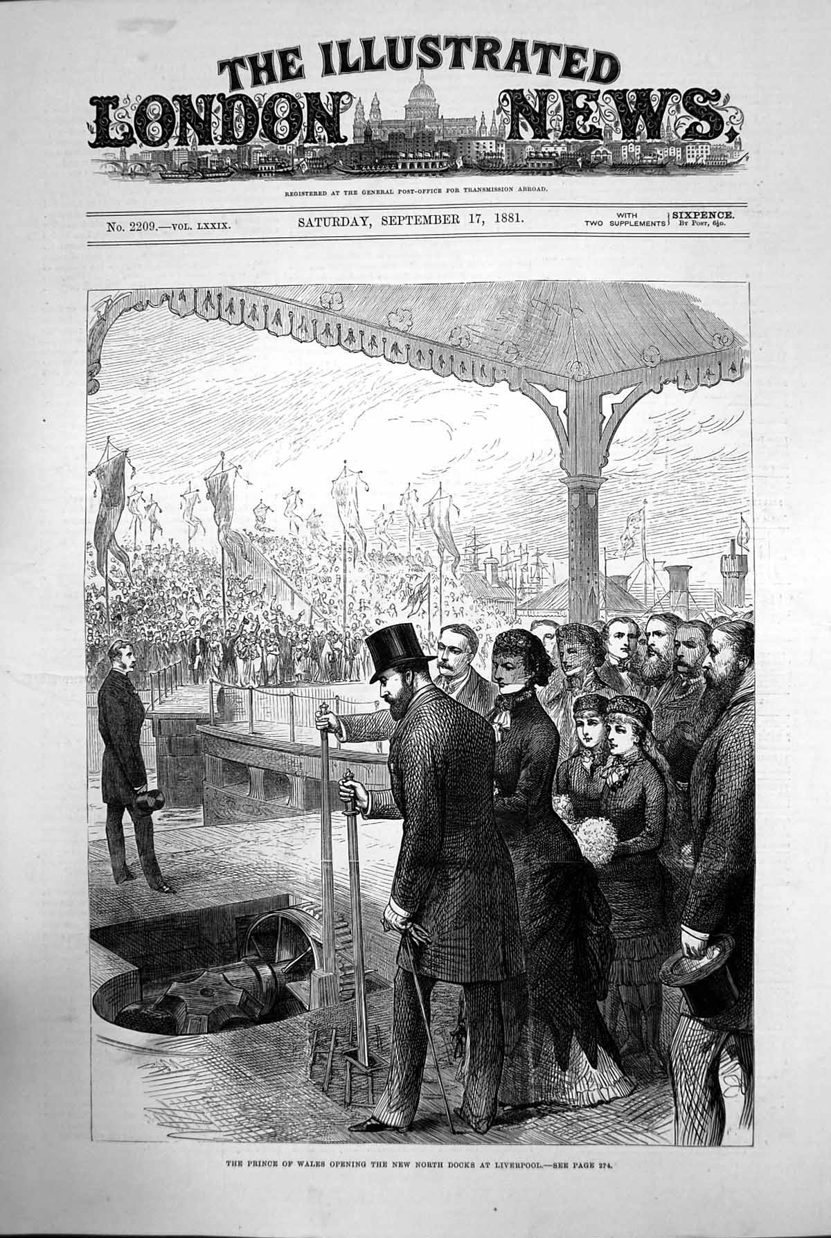Original Old Antique Print Prince Wales Opening New North Docks Liverpool 1881
