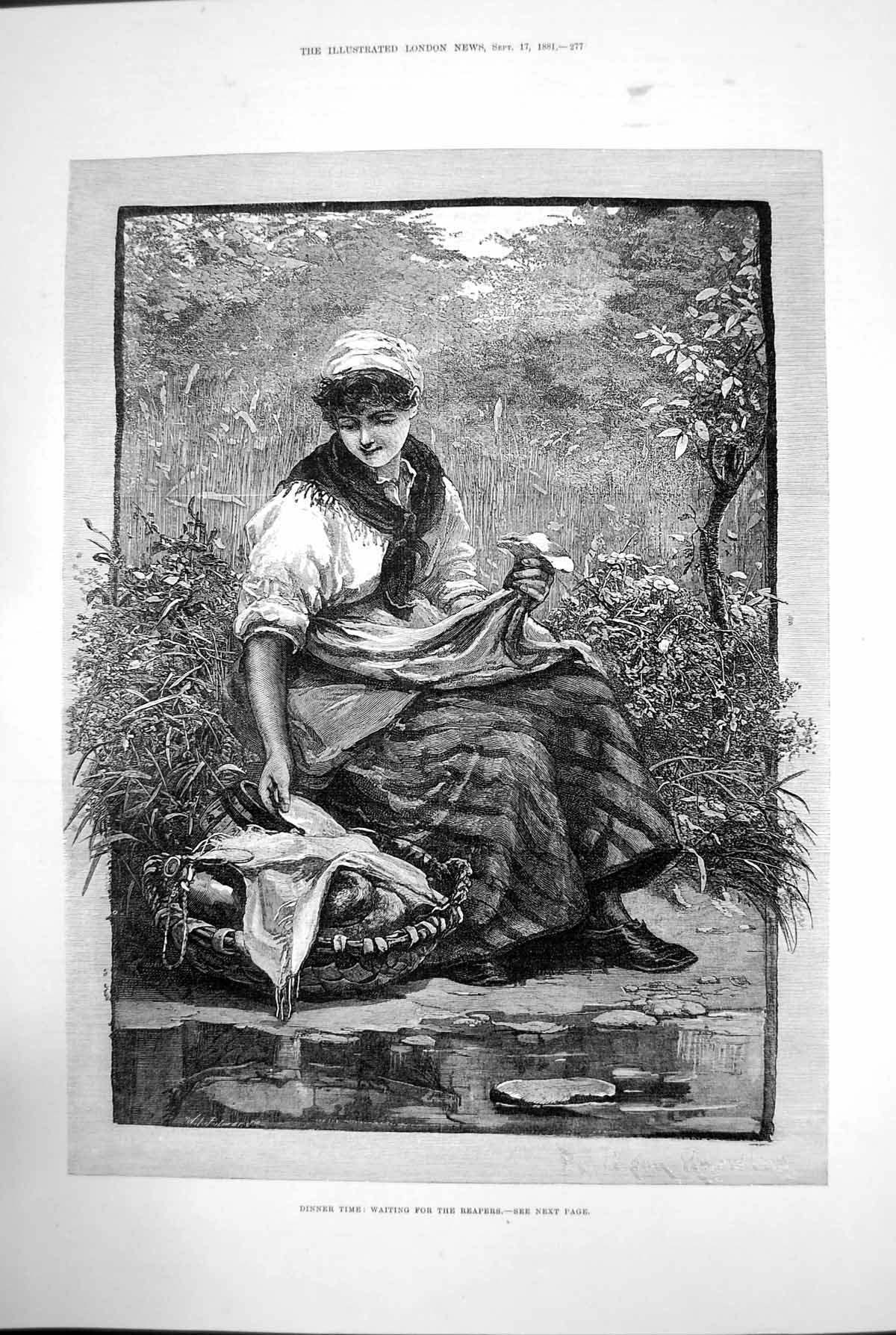 Old Antique Print Dinner Time Waiting For The Reapers Woman Stream 1881 19th