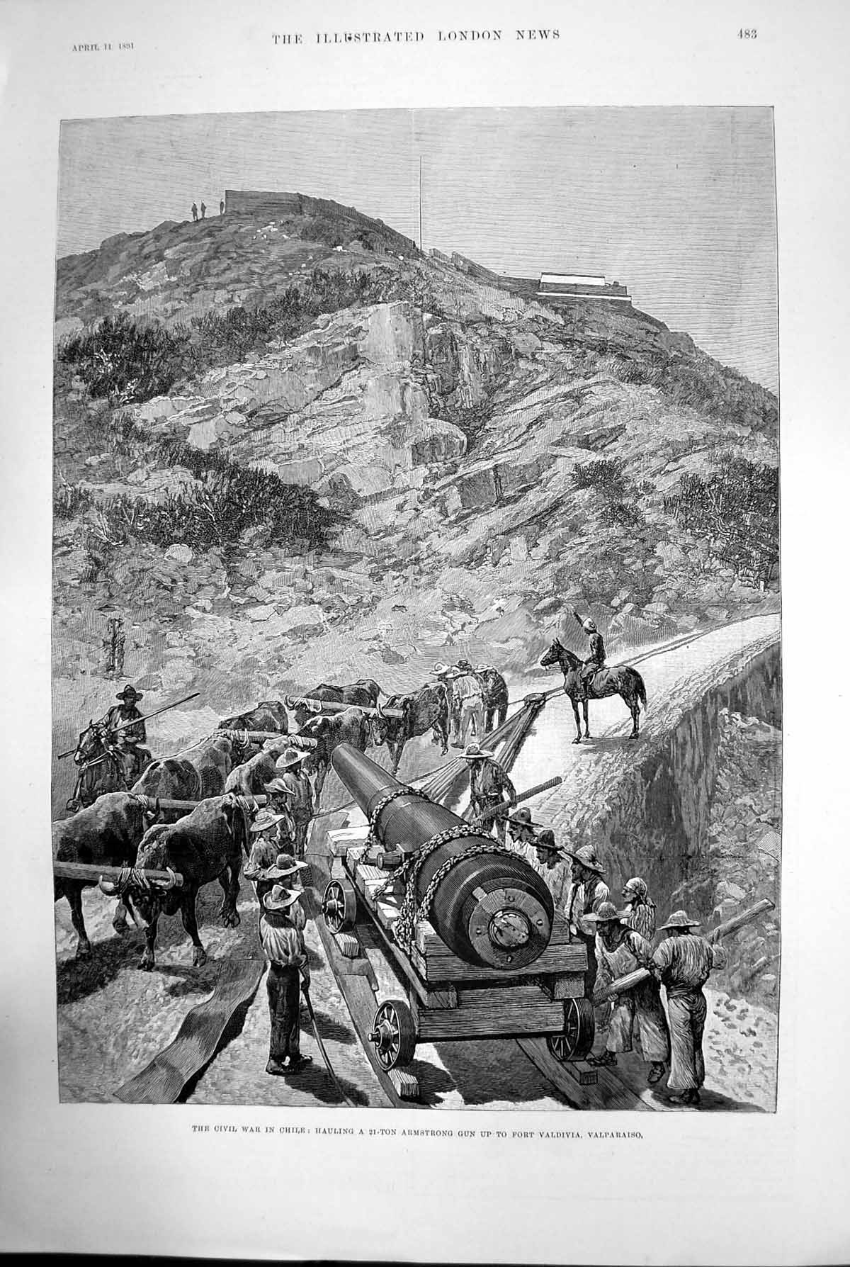 Old Print Civil War In Chile 21-Ton Armstrong Gun Valdiva Valparaiso 1891