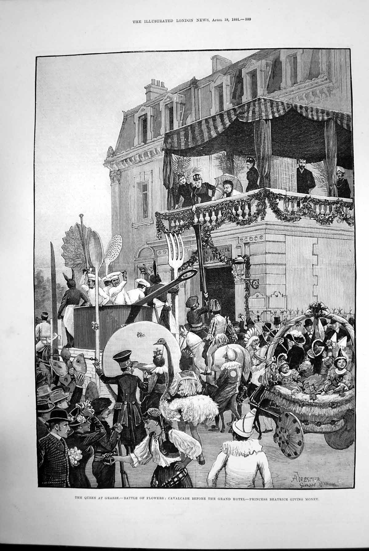 Antique Old Print Queen At Grasse Battle Flowers Hotel Princess Beatrice 1891