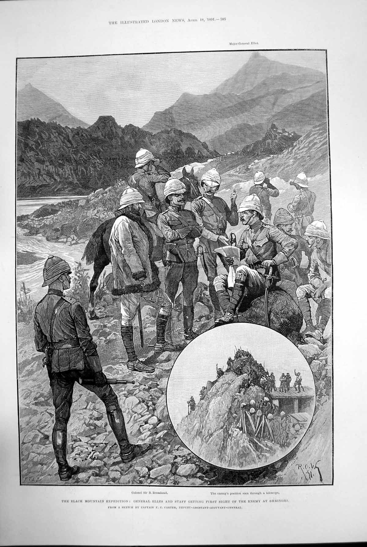 Antique Old Print Black Mountain Expedition General Elles Enemy Shringri 1891
