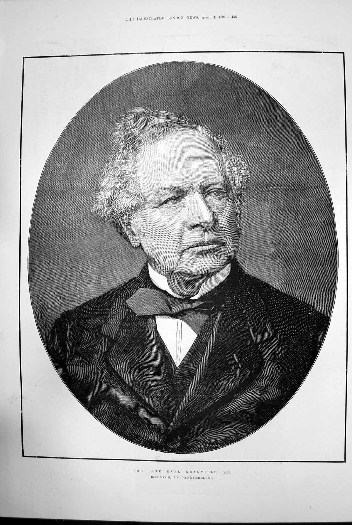 Original Old Antique Print The Late Earl Granville Portrait 1891 19th
