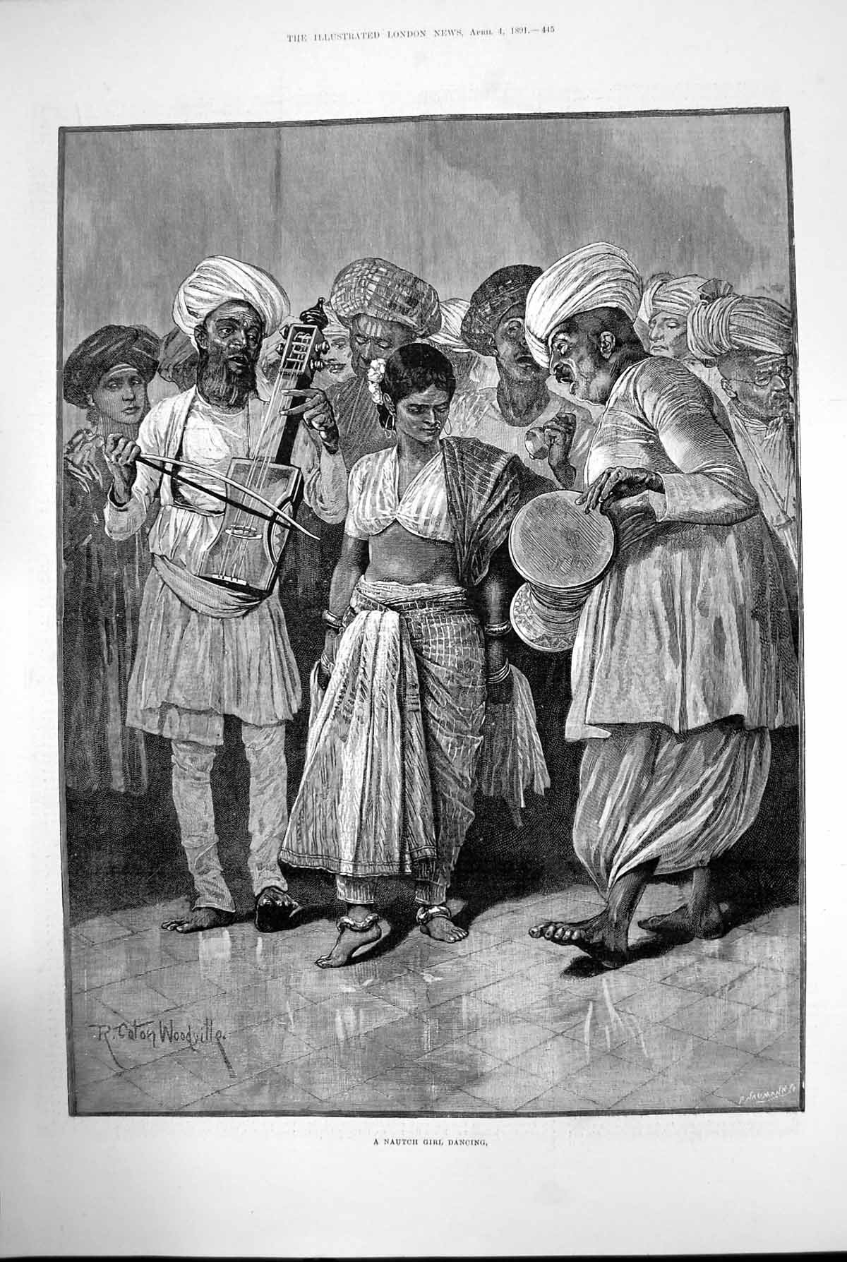 Antique Print A Nautch Girl Dancing Woodville Turban Music Instruments 1891