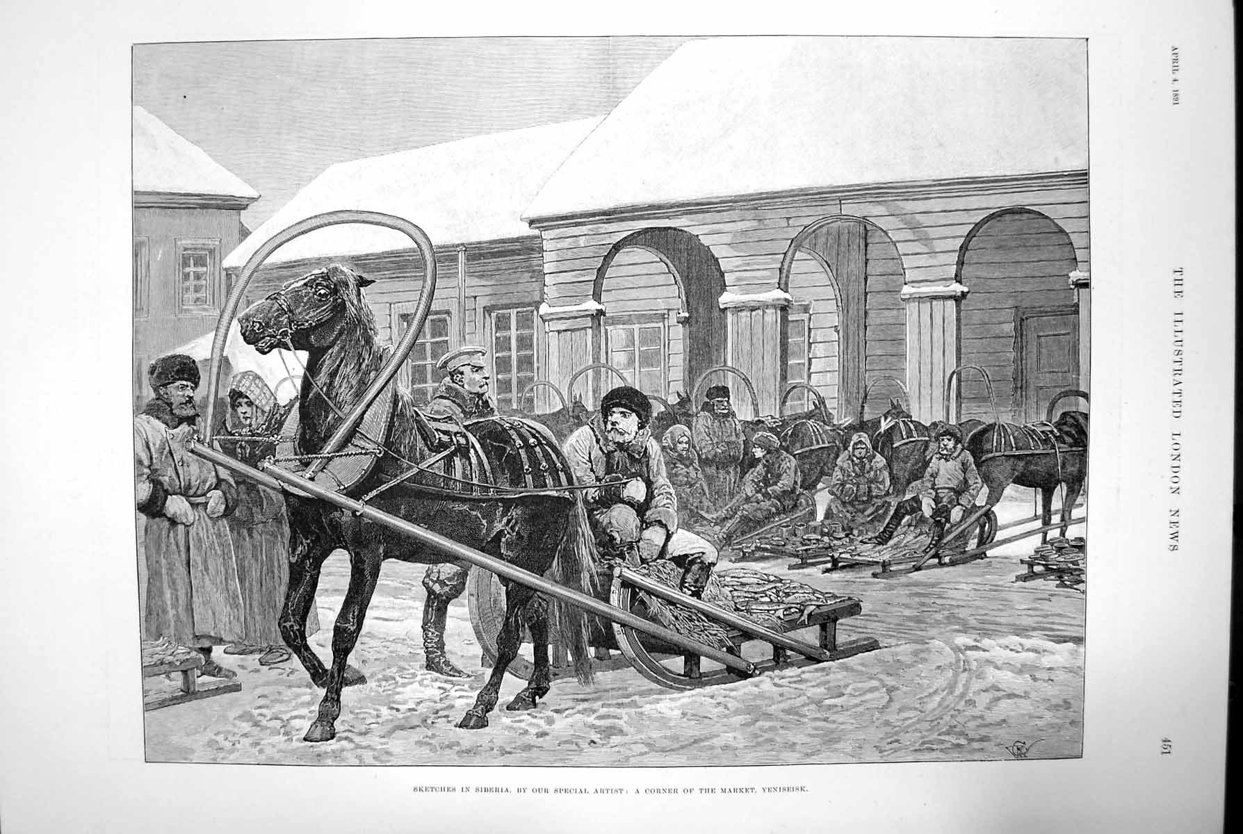 Original Old Antique Print Sketch Siberia A Corner The Market Yeniseisk 1891