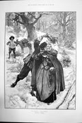 Antique Old Print A Passing Compliment Woman Man Kiss Mistletoe Forest 1891