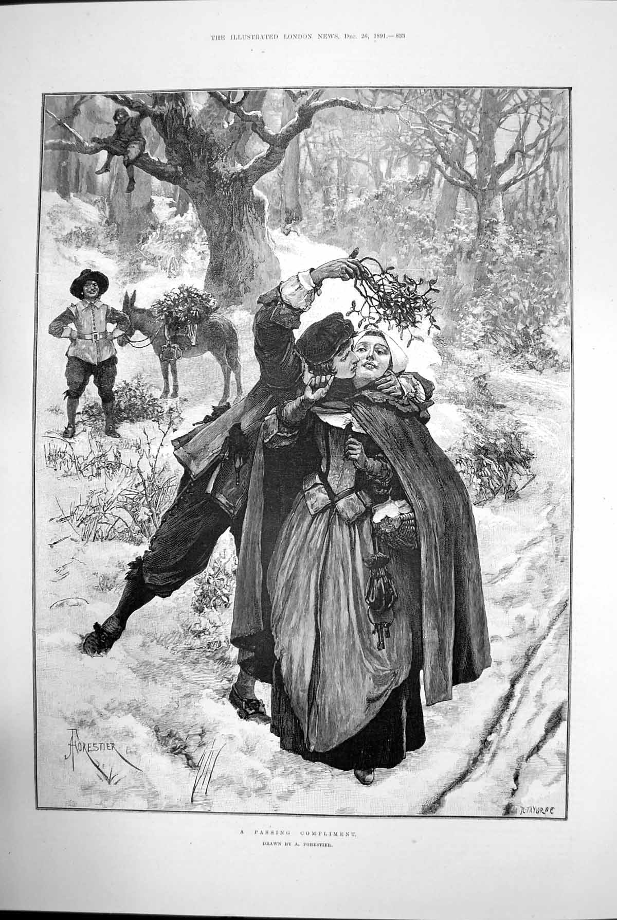 Antique Old Print A Passing Compliment Woman Man Kiss Mistletoe Forest 1891