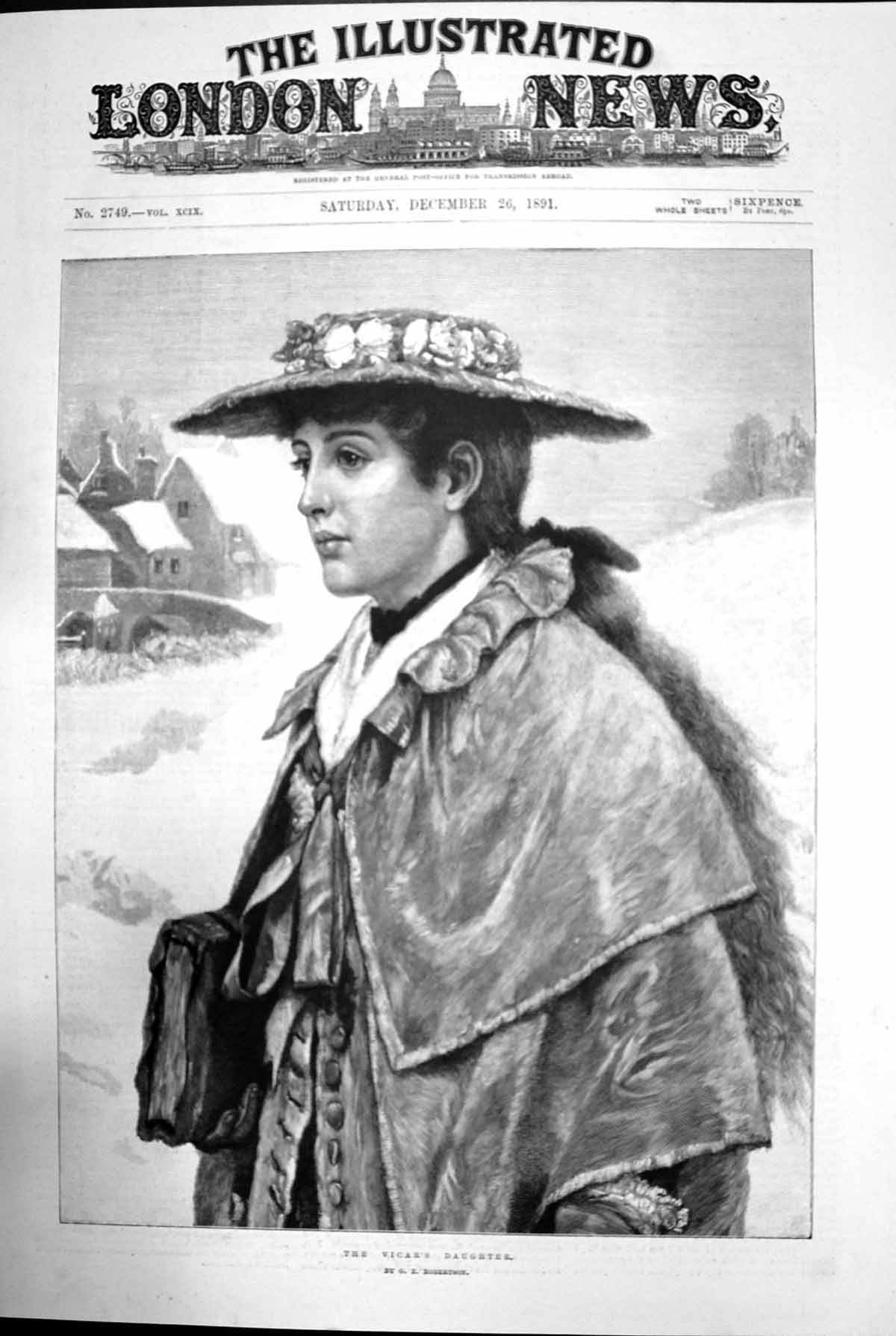 Original Old Antique Print The Vicars Daughter Portrait House Bridge 1891 19th
