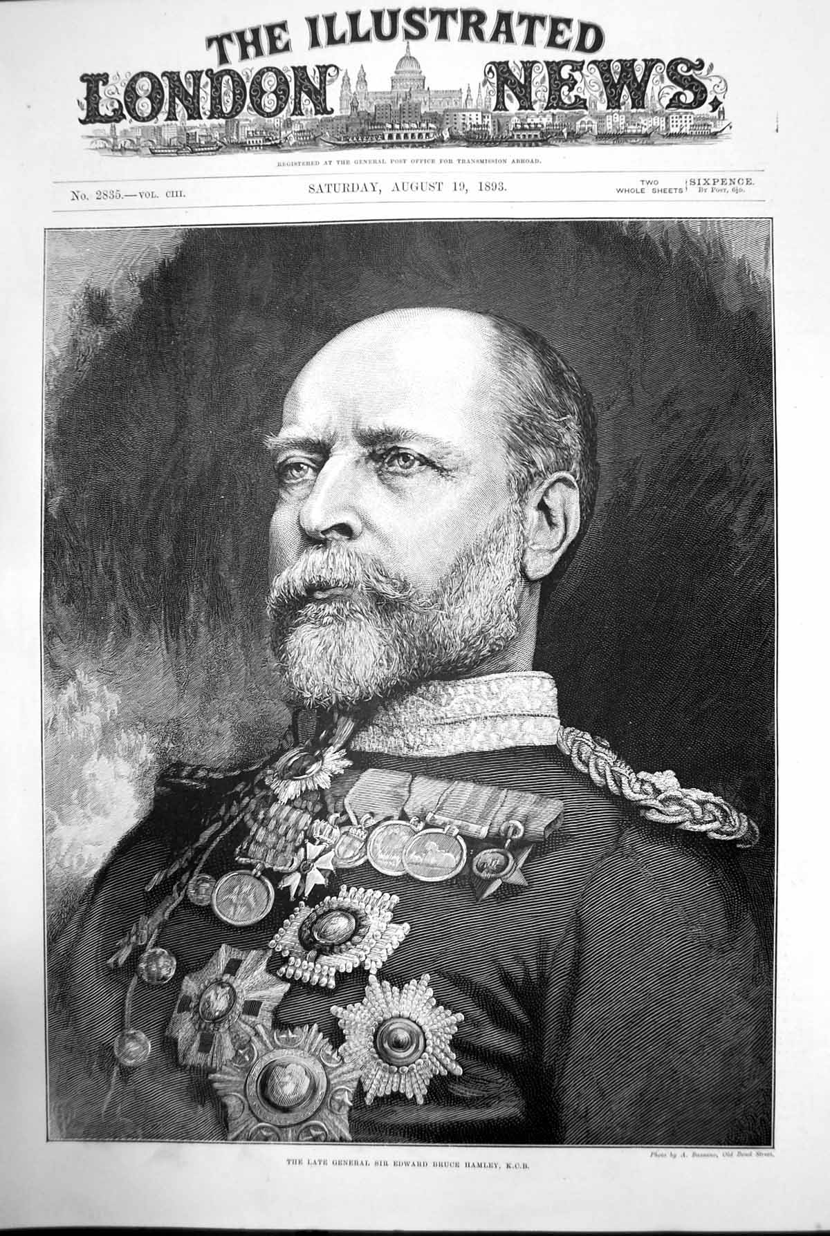 Old Print Late General Sir Edward Bruce Hamley Portrait Army Medals 1893 19th