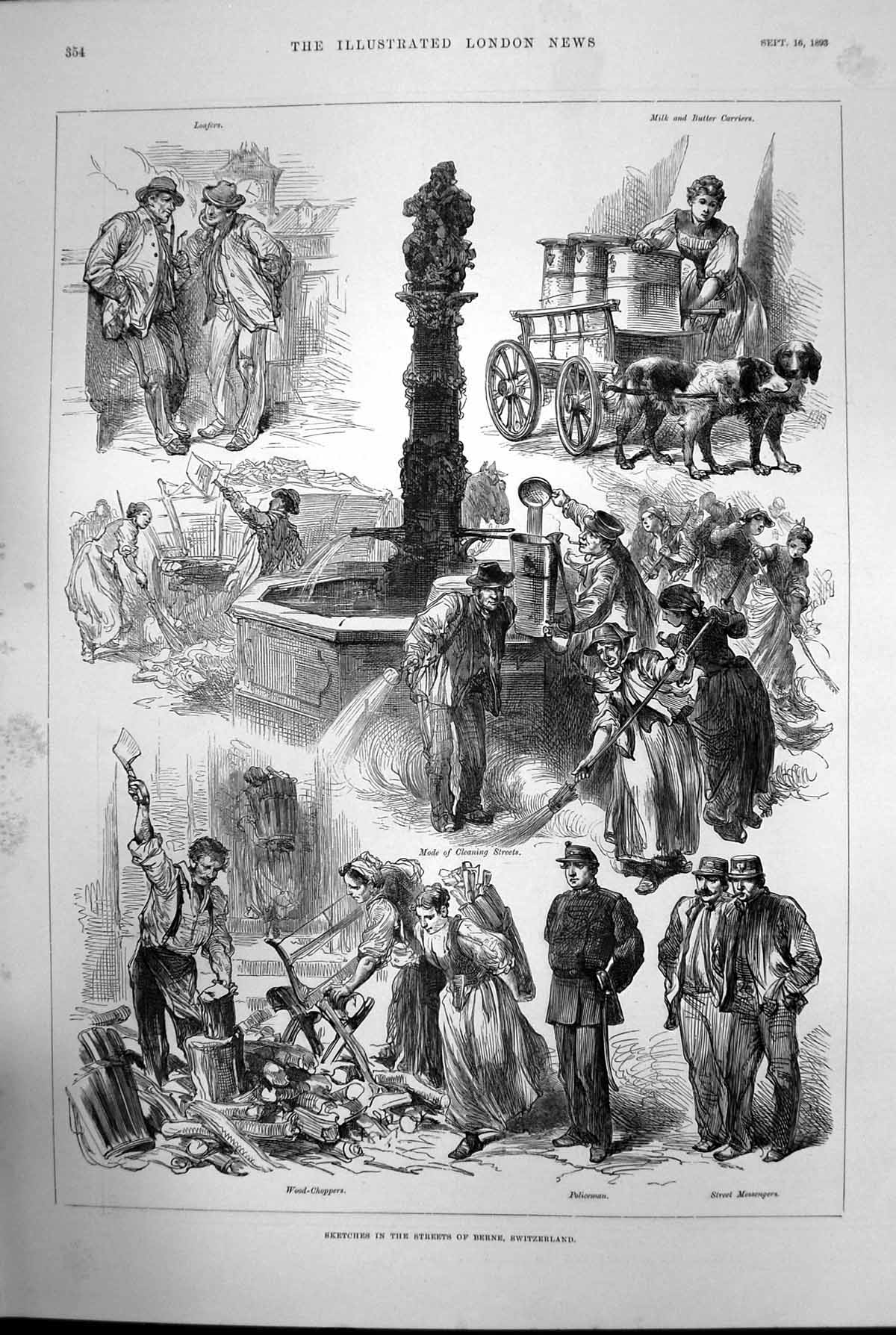 Antique Print Sketches In The Streets Berne Switzerland Police Loafers 1893