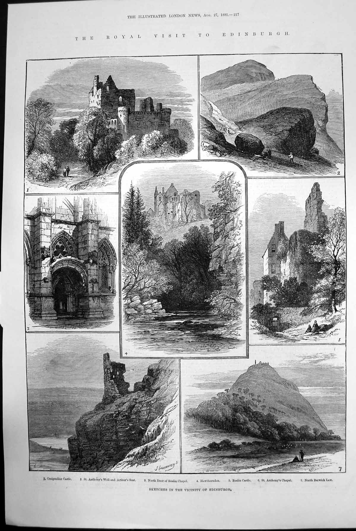 Antique Print Sketches Vicinity Edinburgh Castle Chapel Berwick Roslin 1881