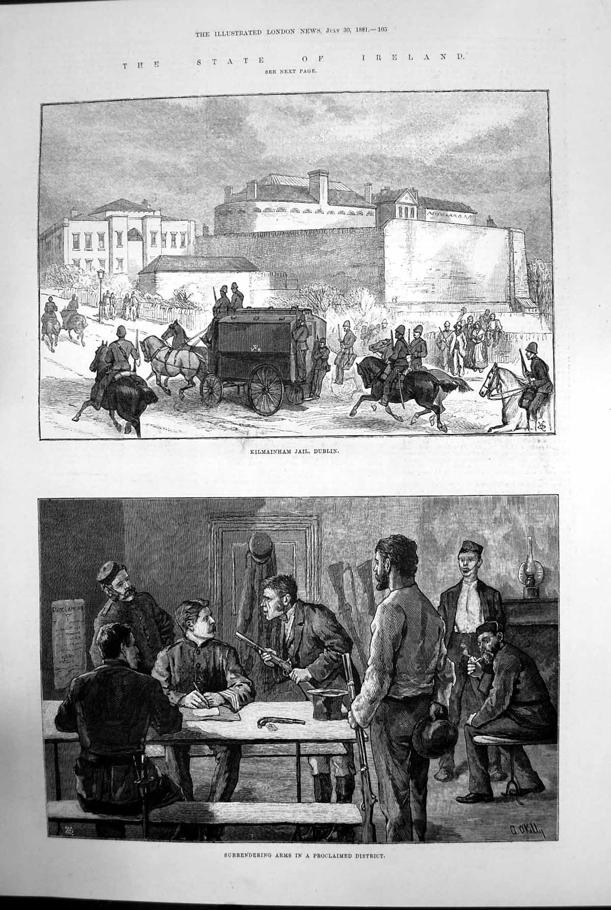 Old Print Kilmainham Jail Surrendering Arms Proclaimed State Ireland 1881 19th