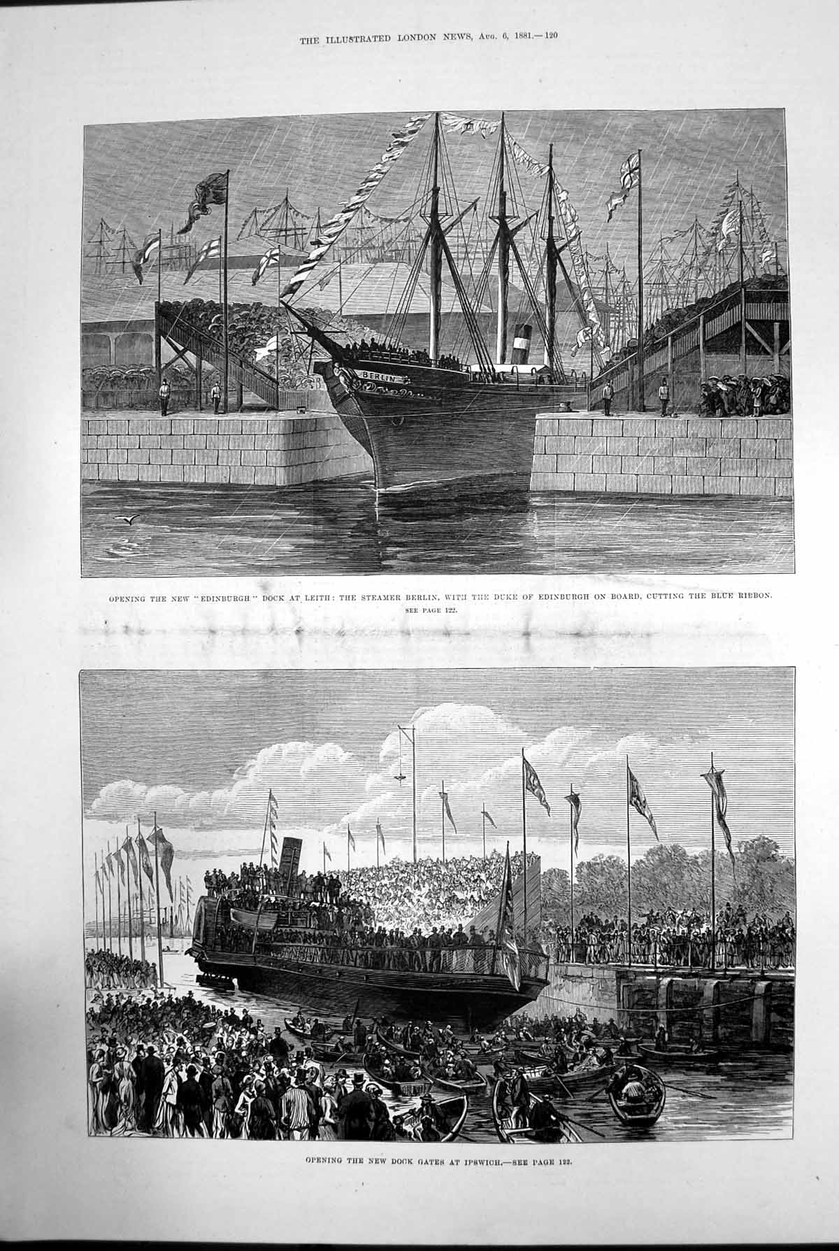 Antique Print Edinburgh Dock Leith Opening Duke New Dock Gates Ipswich 1881