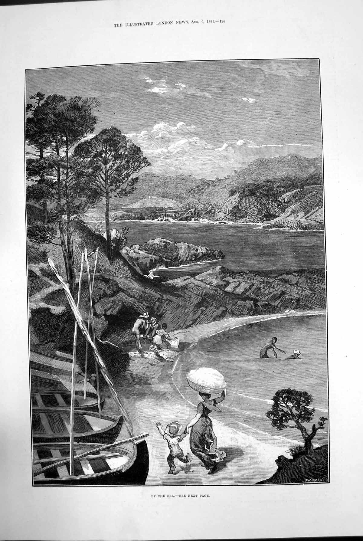 Old Print By The Sea Mediterranean Sea Women Children Boat Mountain 1881 19th