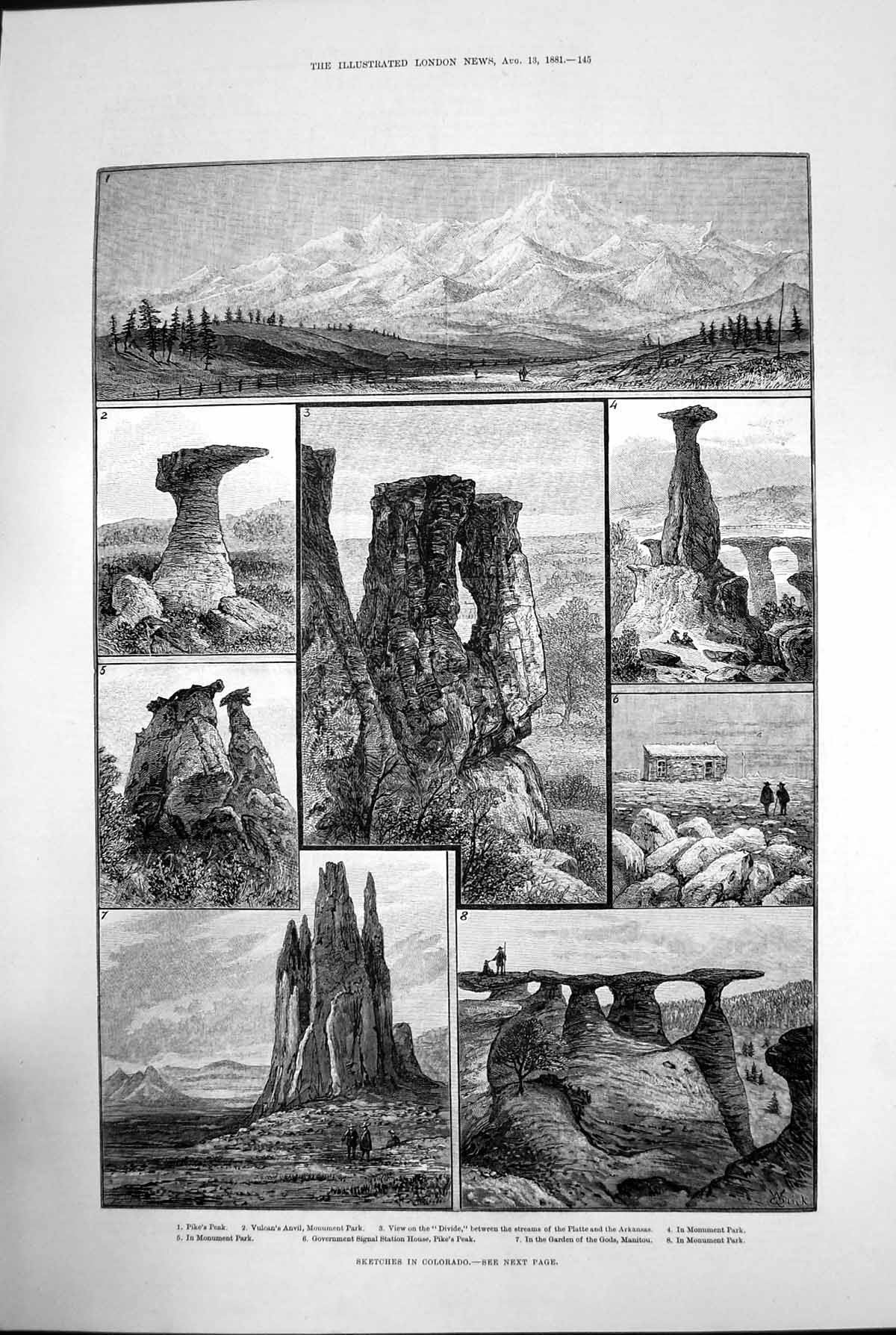 Old Print Colorado Pike'S Peakvulcan Anvil Monument Platte Arkansas 1881 19th