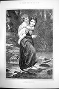 Old Antique Print Crossing The Brook Woman Child Stream Piggy-Back 1872 19th
