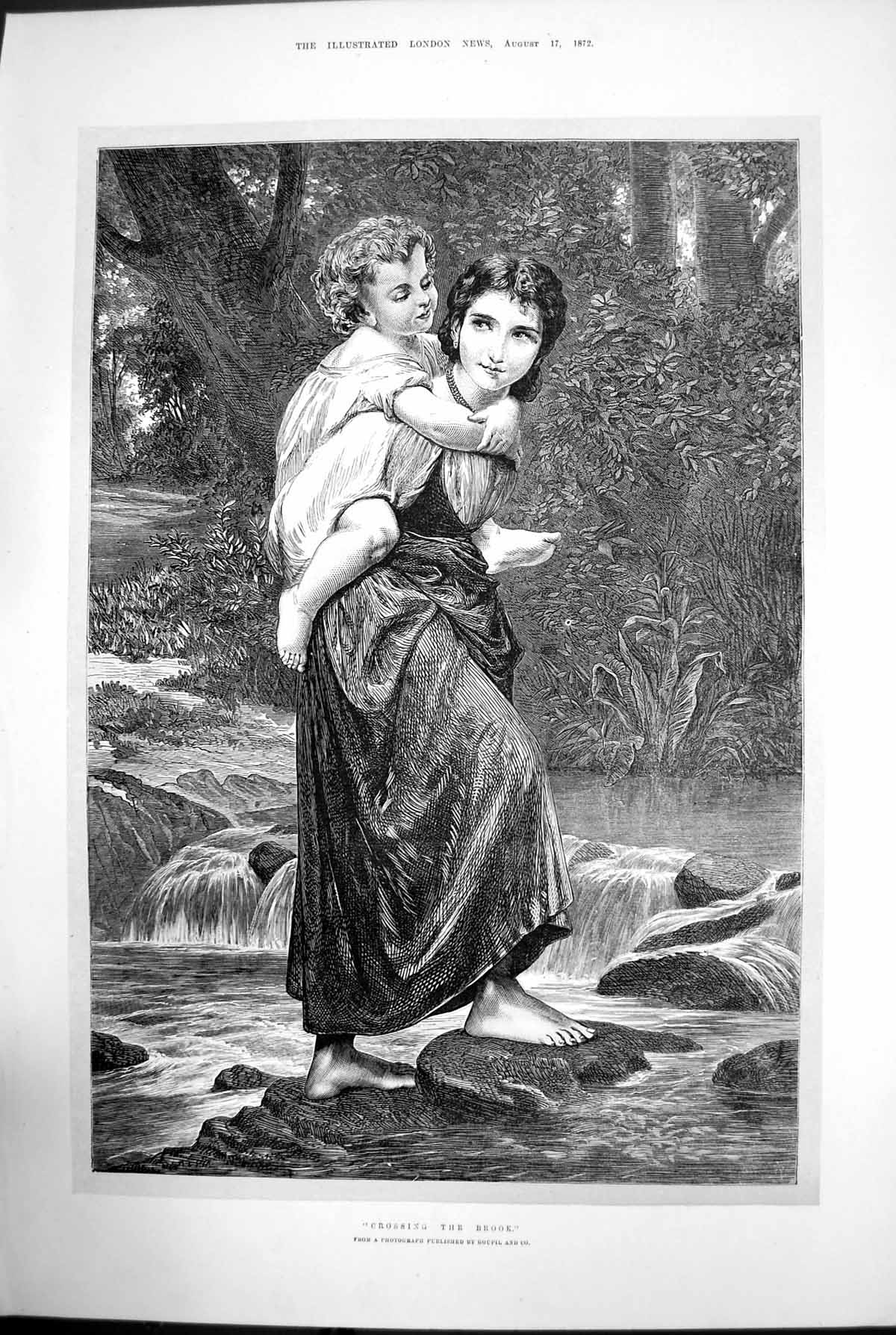 Old Antique Print Crossing The Brook Woman Child Stream Piggy-Back 1872 19th