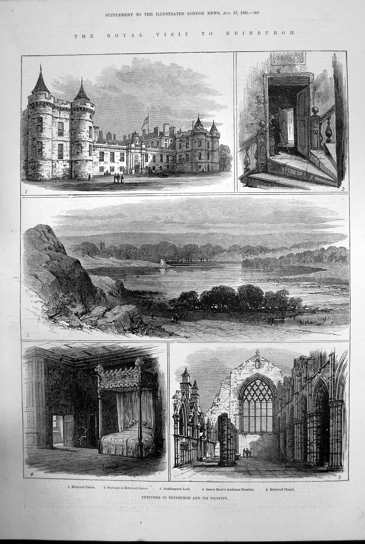 Old Print Edinburgh Vicinity Holyrood Palace Chapel Duddingston Loch 1881 19th