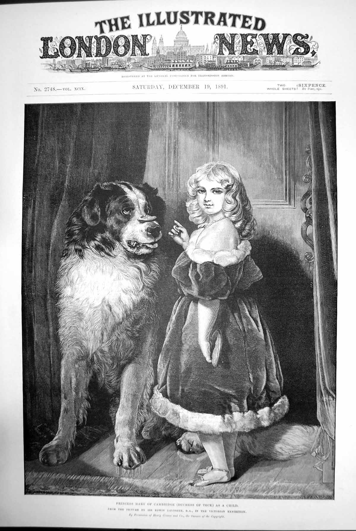 Antique Old Print Princess Mary Cambridge Duchess Teck As A Child Dog 1891 19th