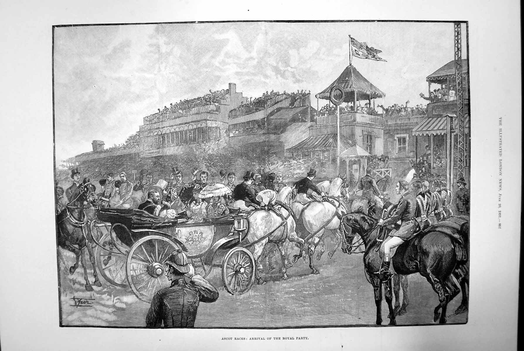 Original Old Antique Print Ascot Races Arrival The Royal Party Horseracing 1891