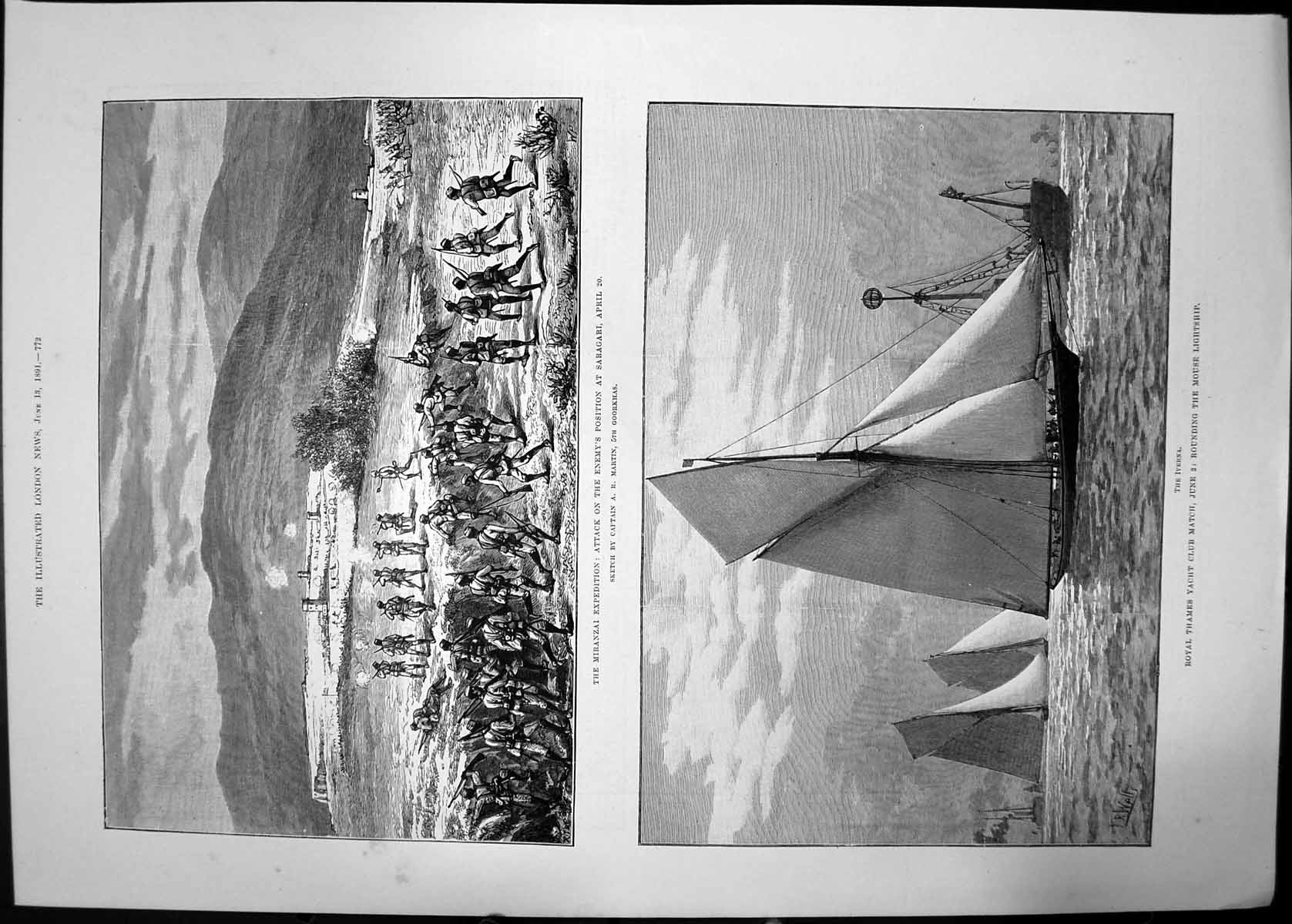 Old Antique Print Miranzai Attack Sarangari Royal Thames Yacht Match 1891 19th