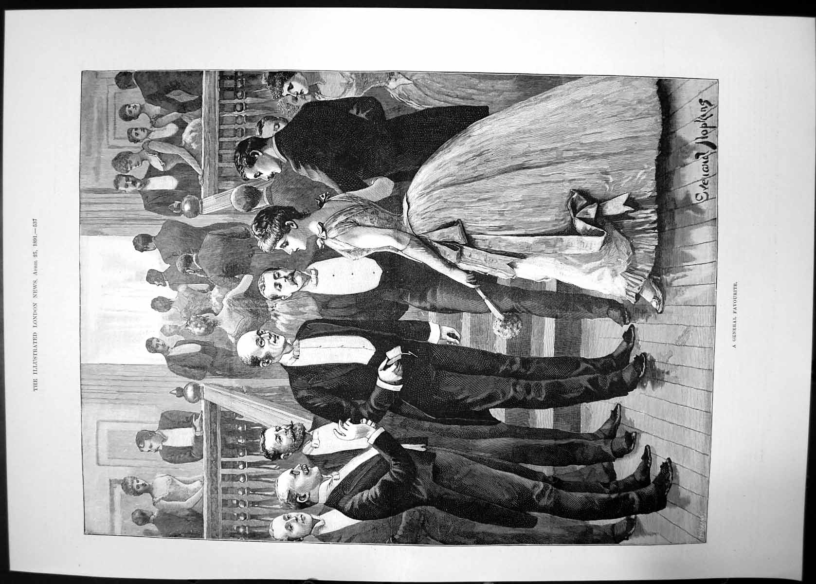 Antique Old Print A General Favourite 1891 Lady Men Ball Gown Suit Bow Tie 19th