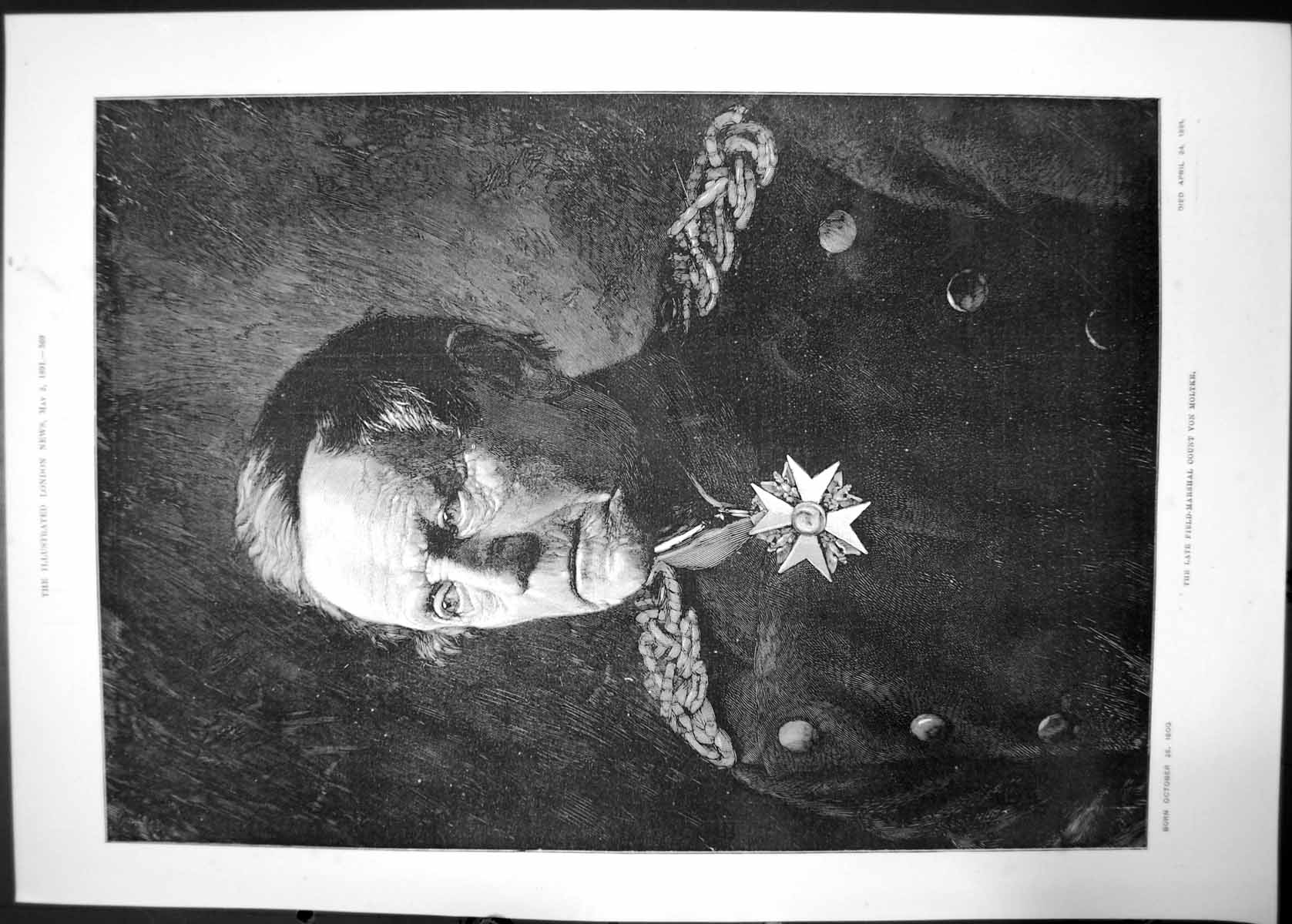 Antique Old Print Late Field Marshal Count Von Moltke 1891 Man Lapels Medal