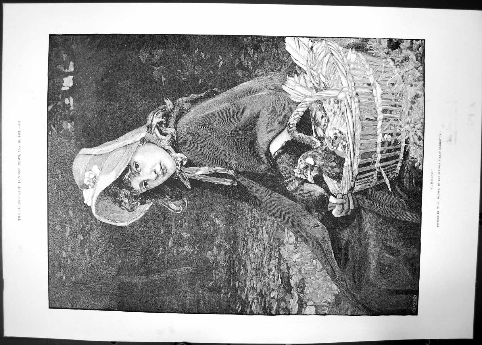 Antique Old Print Chickens 1891 Gadsby Suffolk Street Exhibition Girl Basket