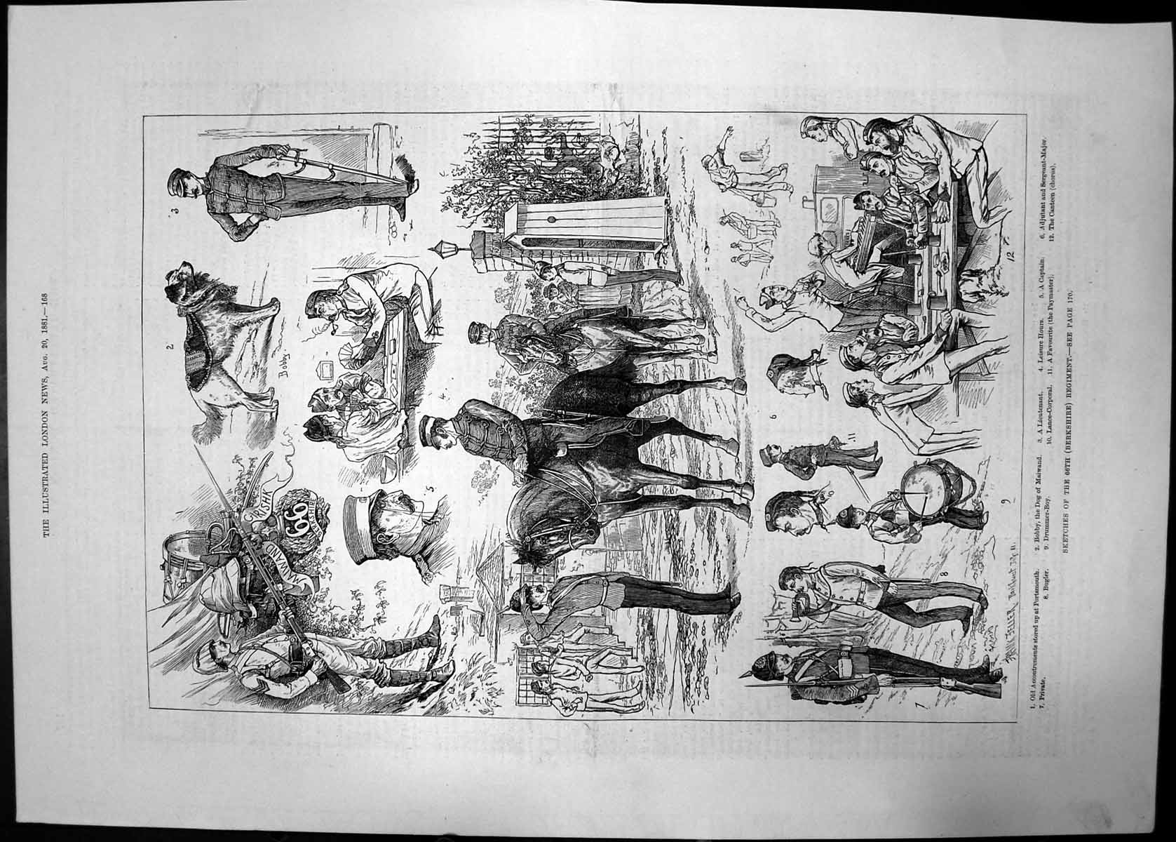 Antique Old Print Sketches 66Th Berkshire Regiment Men Siers Horses Dog 1881
