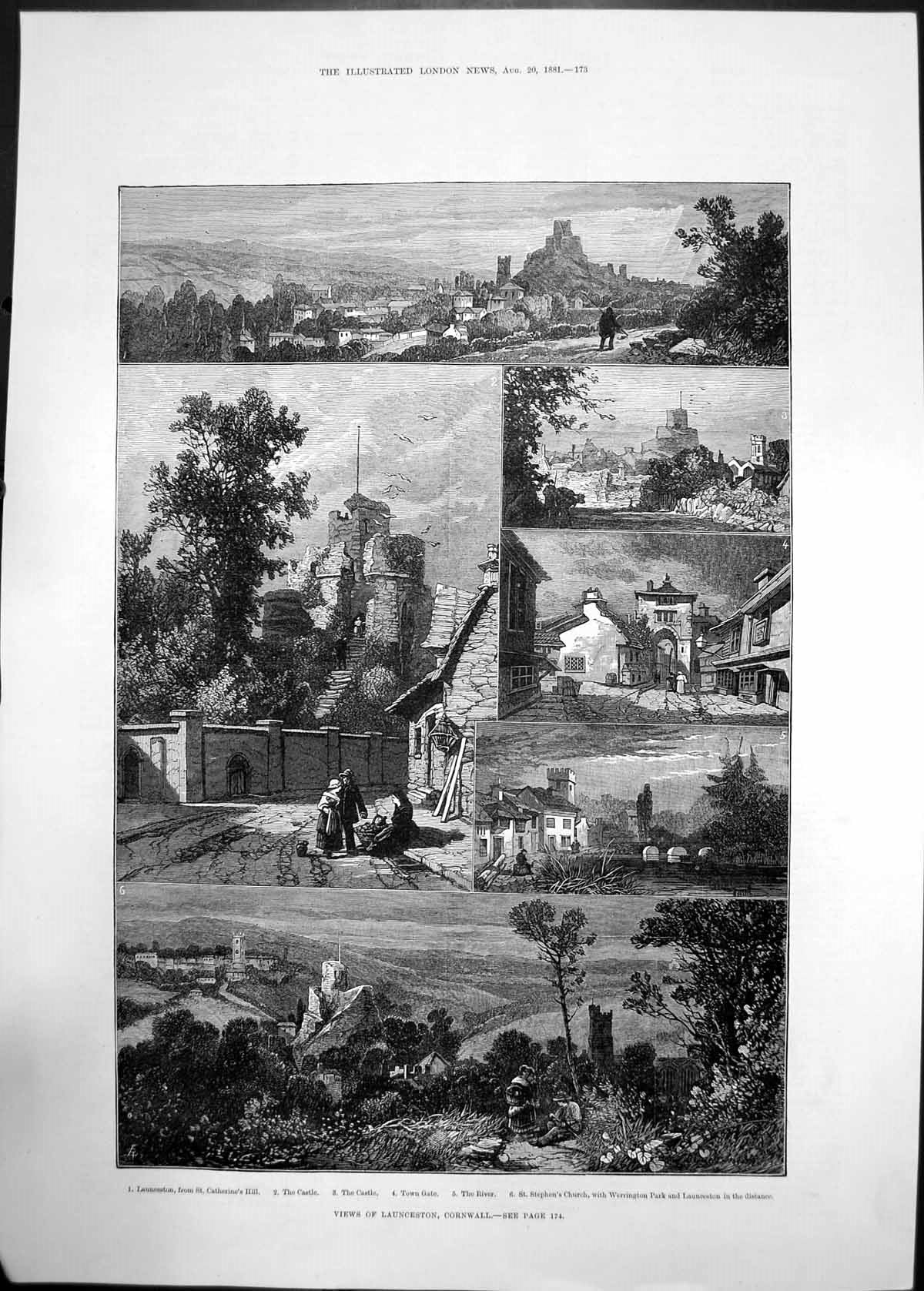 Old Print Launceston Cornwall 1881 St.Catherines Hill Castle St.Stephens 19th