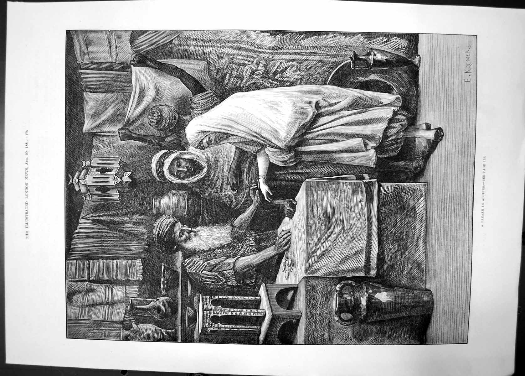 Antique Old Print Bazaar In Algiers Kremer 1881 Street Seller Africa Fabric