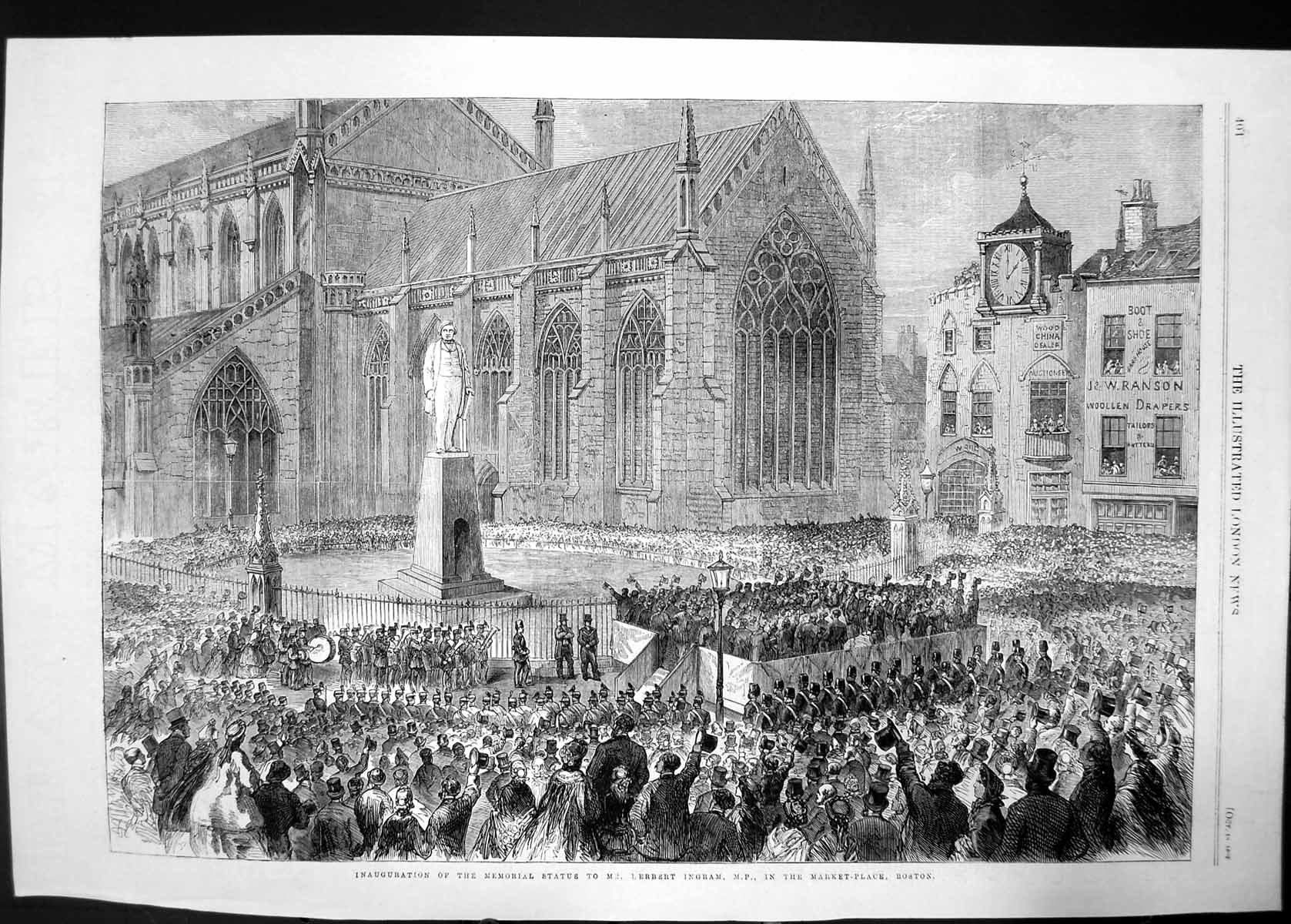 Antique Old Print Inauguration Memorial Statue Market Place Boston 1862 Crowd