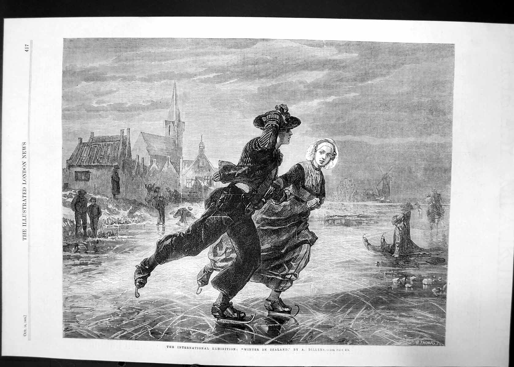 Antique Old Print Exhibition Winter In Zealand Dillens 1862 Pond Ice Skating