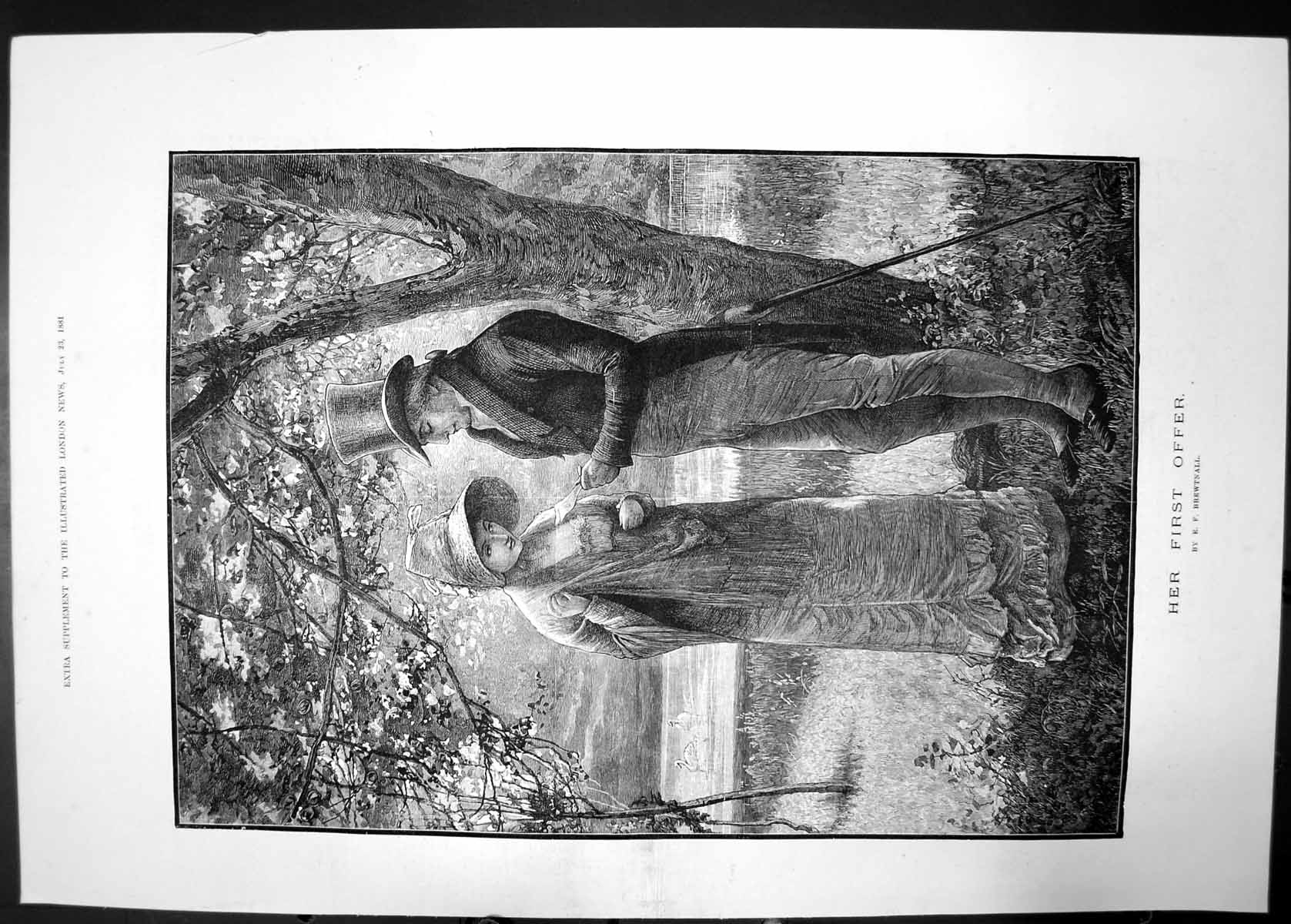 Antique Old Print Her First Offer Brewtnall 1881 Woman Trees Swans Proposal