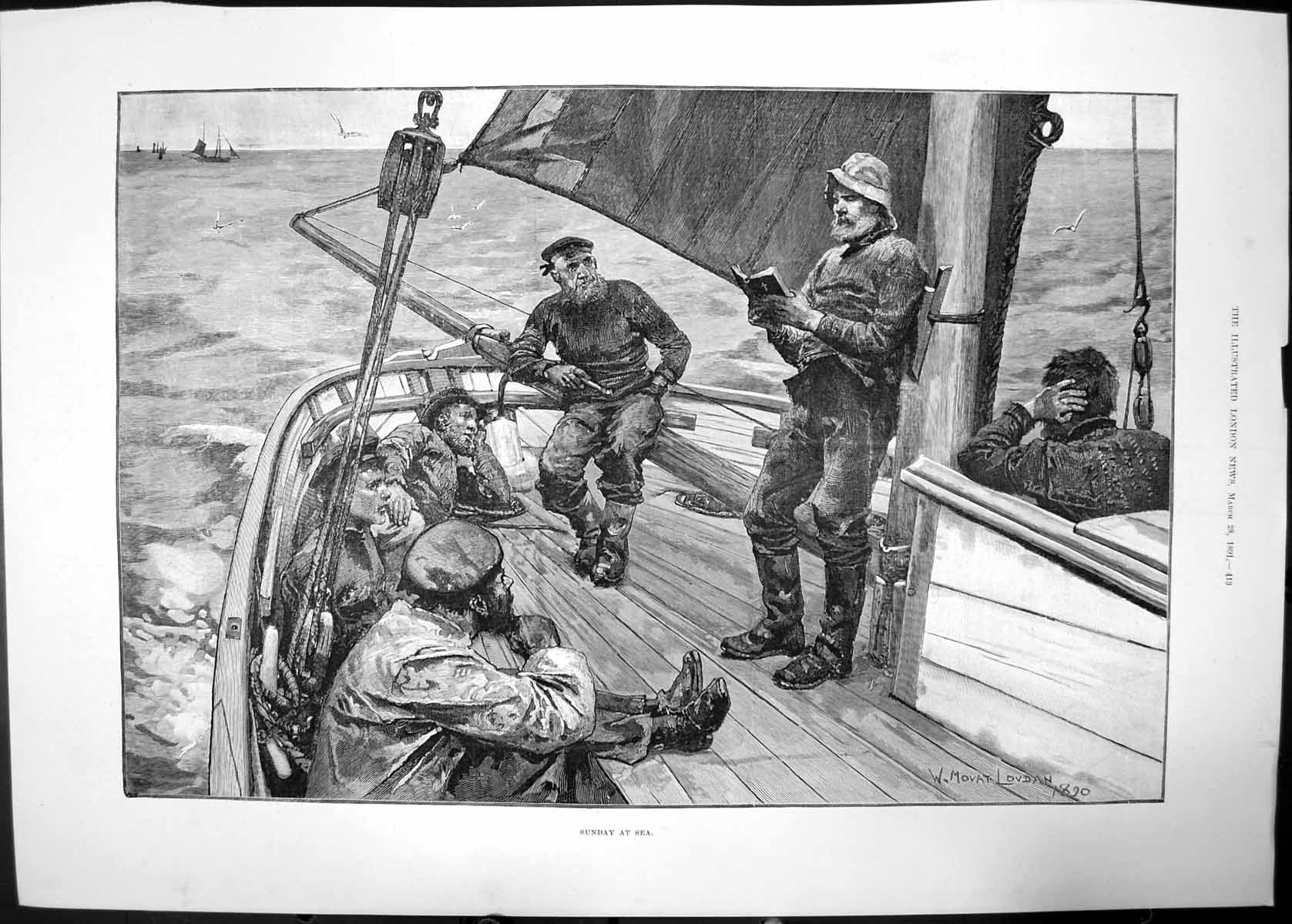 Antique Print Sunday At Sea 1891 Movat Lovdan Boat Sailing Men Prayer Bible