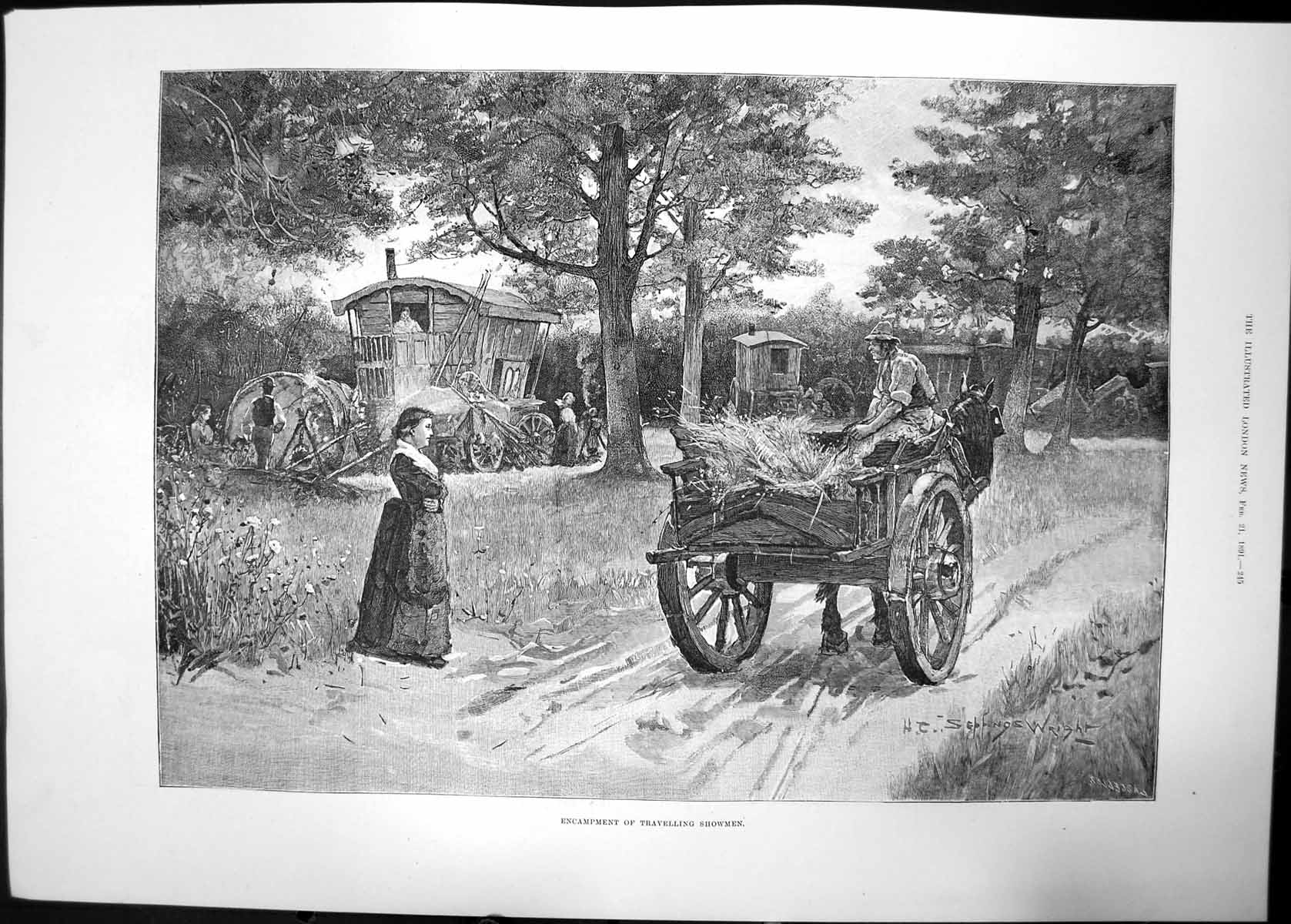 Old Antique Print Encampment Travelling Showmen 1891 Horse Cart Hay Road 19th