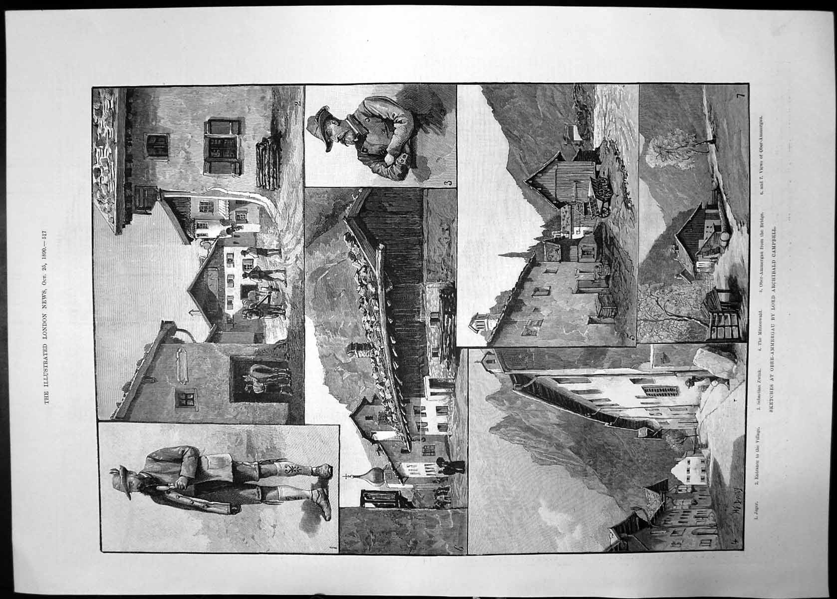 Old Antique Print Sketches Ober Ammergau Archibald Campbell 1890 Village 19th