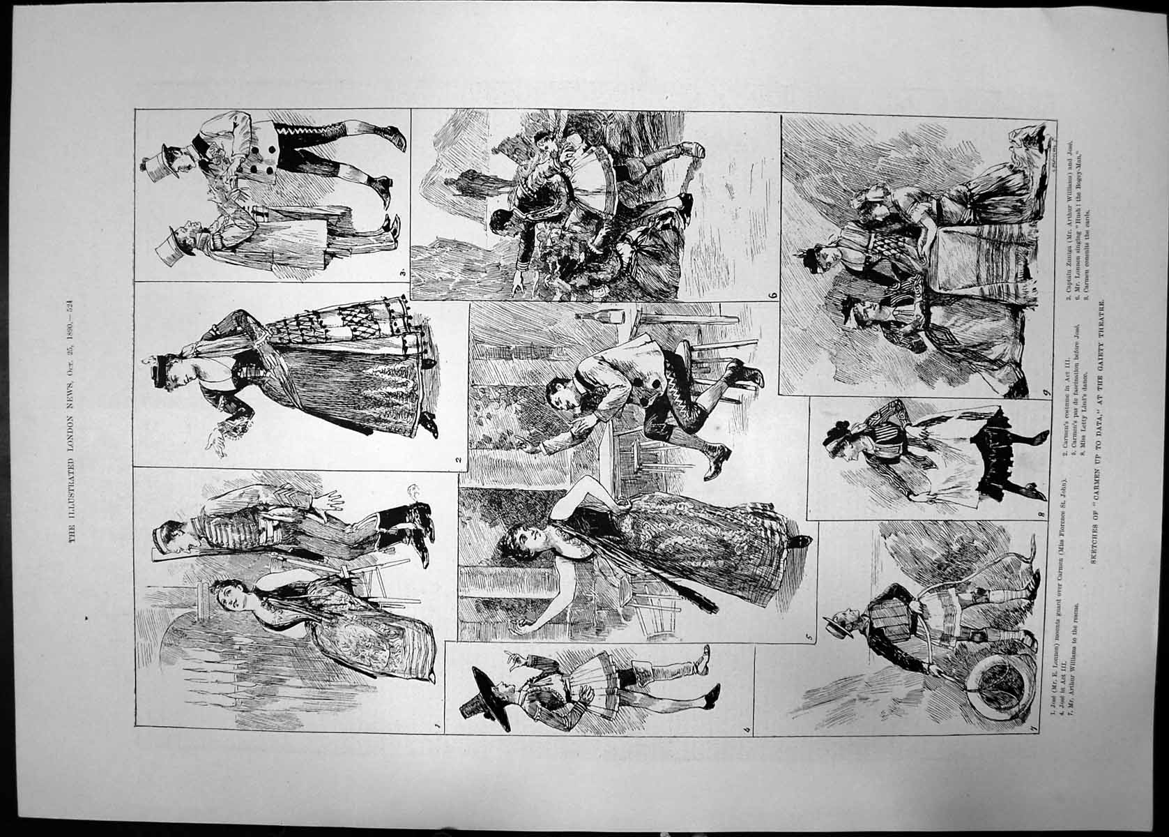 Antique Old Print Sketches Carmen Up To Data Gaiety Theatre 1890 Jose Dance